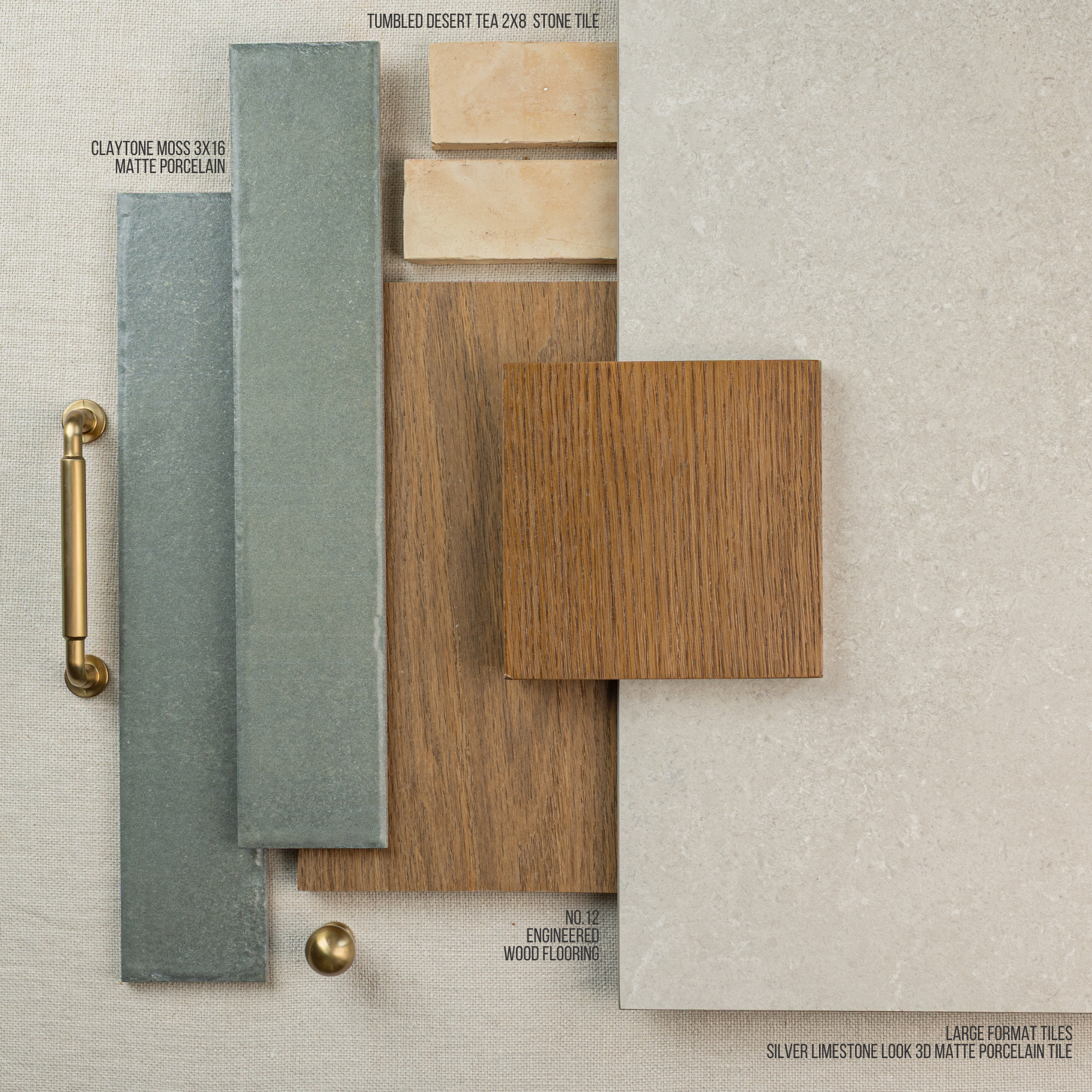 Flat lay of silver limestone porcelain tile, warm oak engineered wood, green matte ceramic tiles, and brass hardware accents