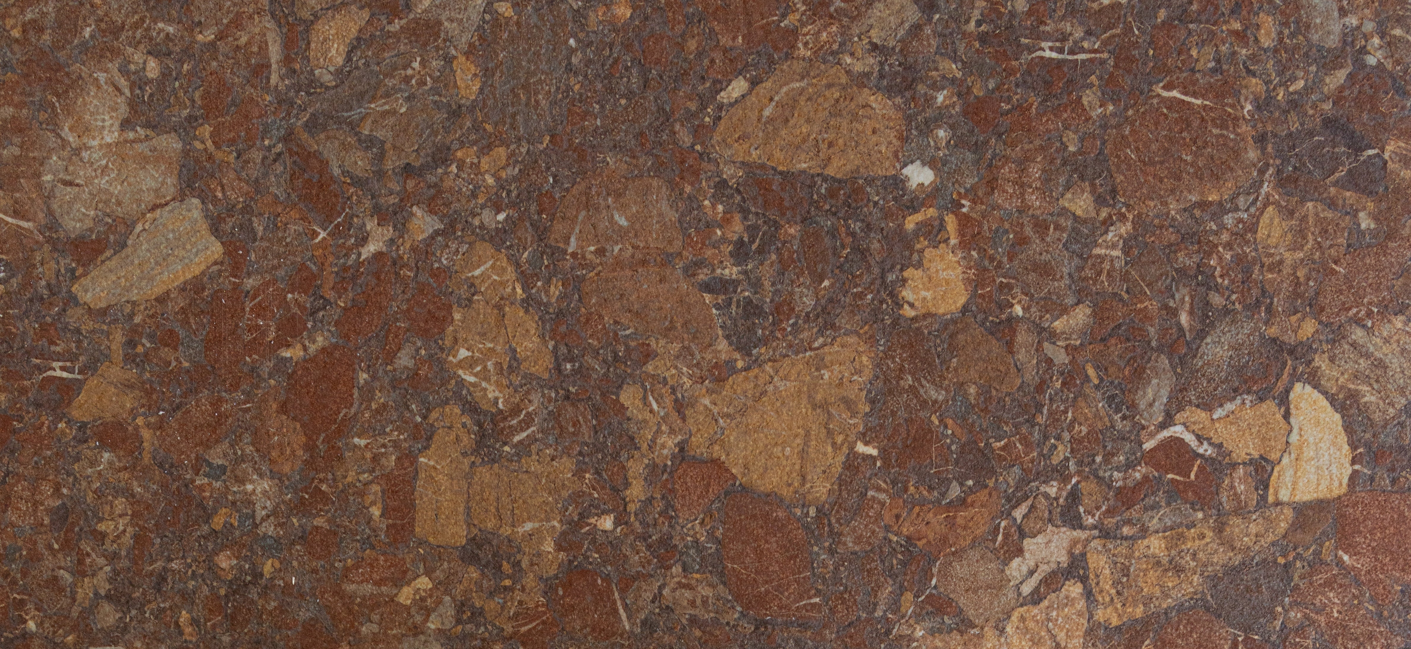 Close-up of a richly textured large format tile with earthy brown and ochre tones and natural stone-like patterns