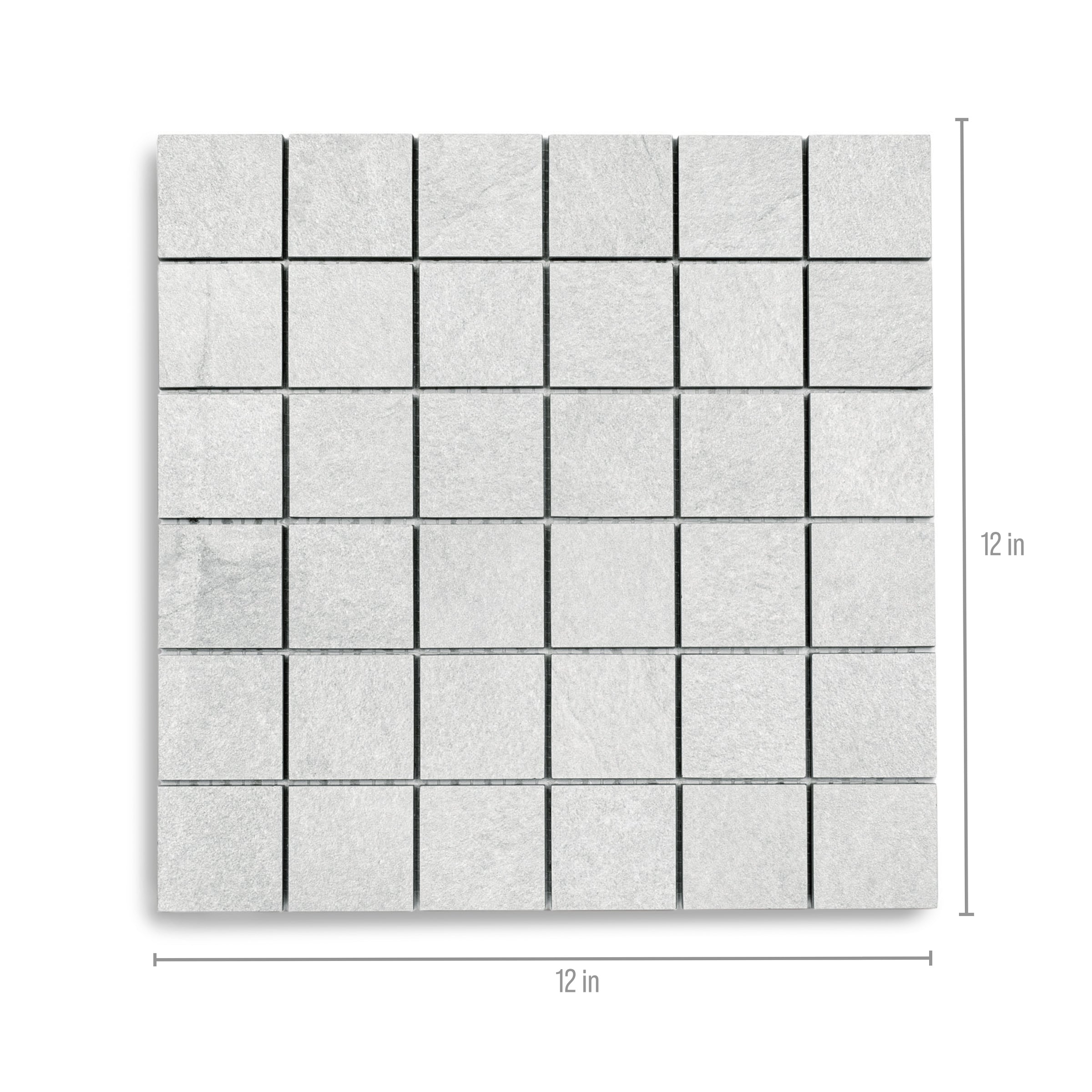 Sheet of small pale gray porcelain tiles with a smooth surface and thin grout lines arranged evenly in a square grid