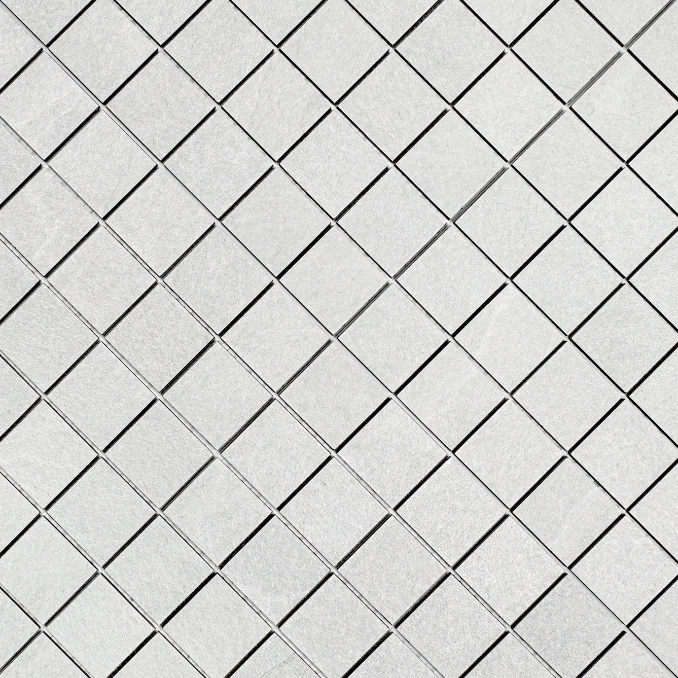 Close-up of small square pearl-toned porcelain tiles with a smooth surface arranged in a diamond grid pattern