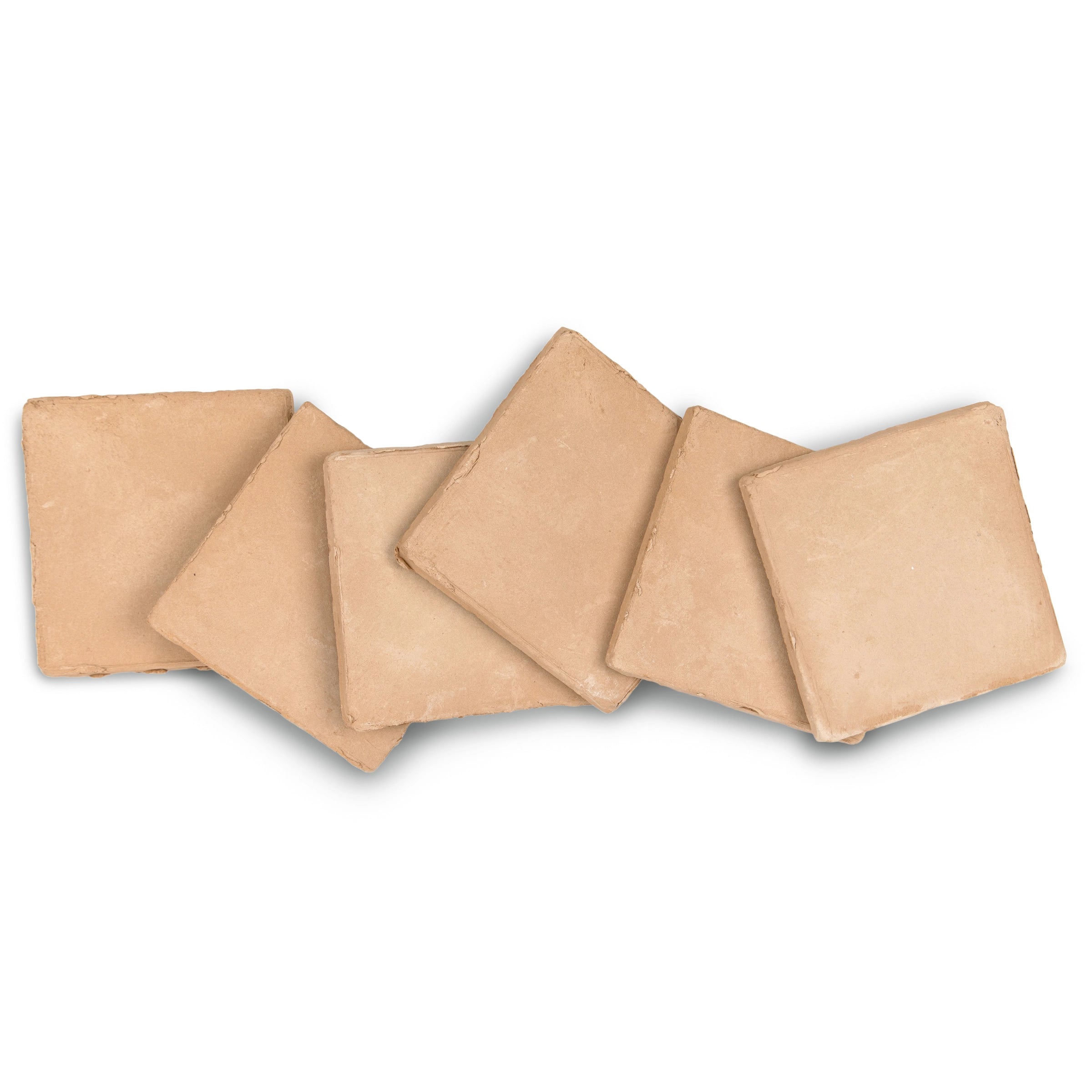 Set of six square terracotta tiles in a soft linen shade with a matte finish and natural rough edges