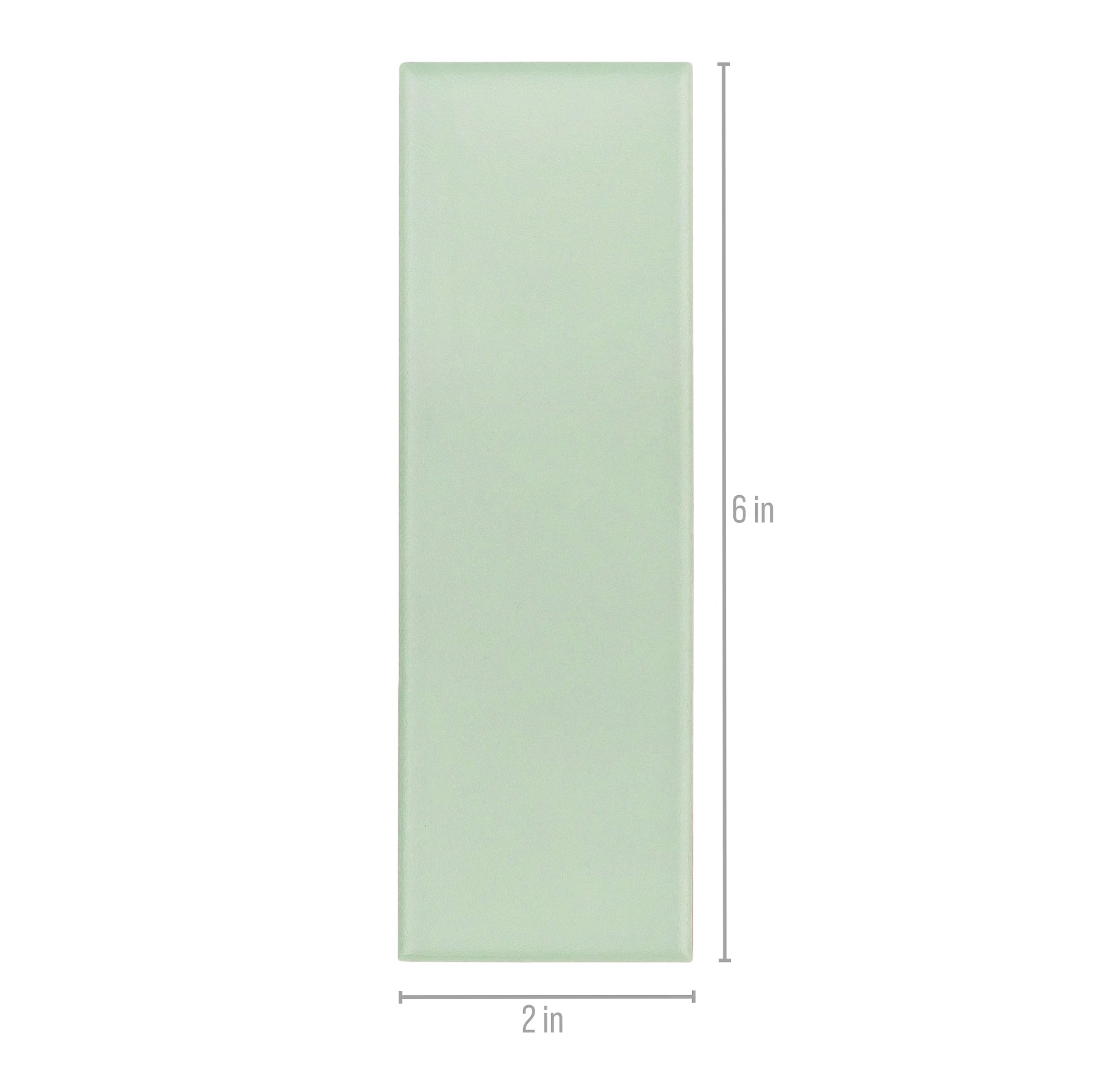 Soft mint green porcelain tile with a smooth matte finish and straight edges shown with size dimensions