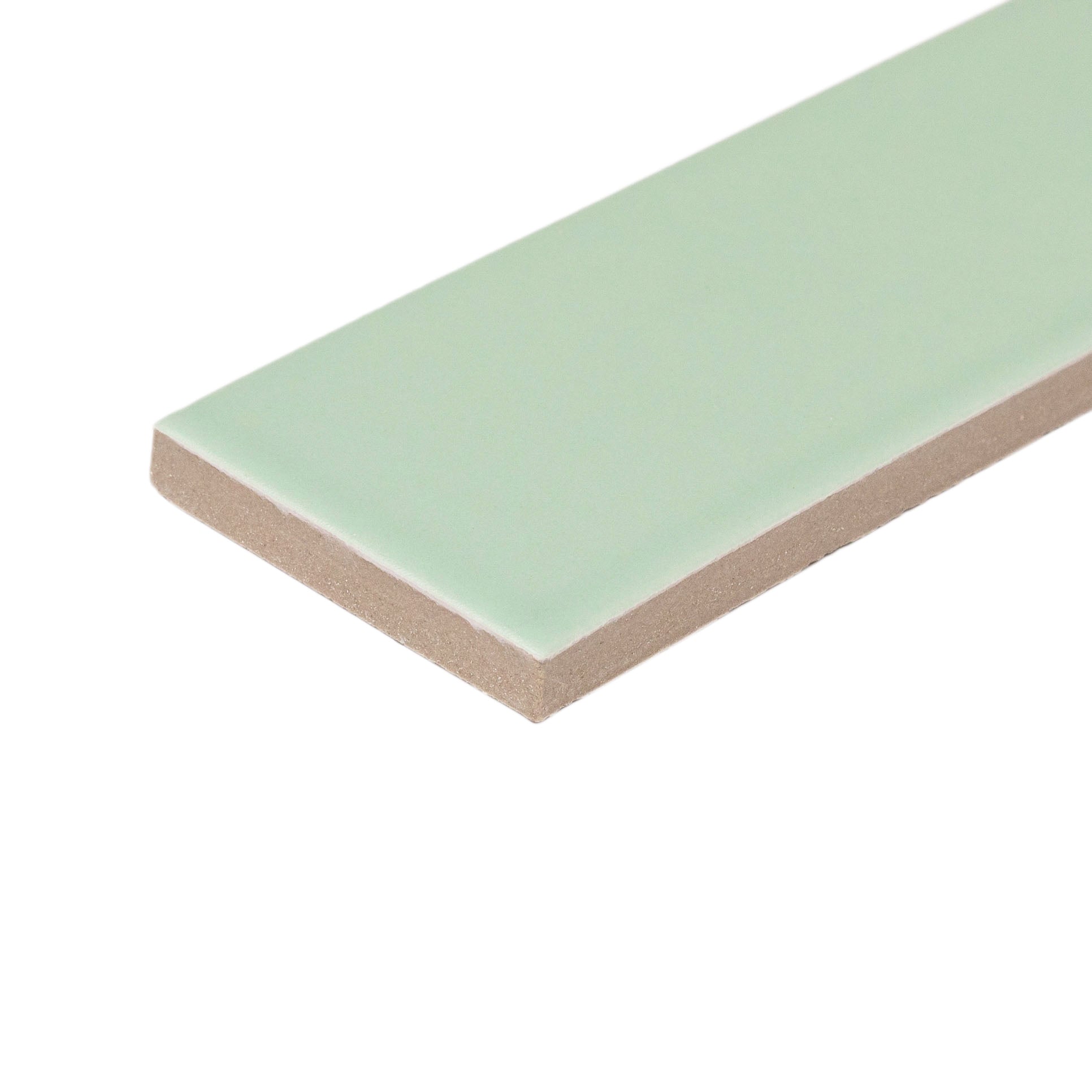 Matte porcelain tile in a soft mint green shade with a smooth surface and straight edges on a white background