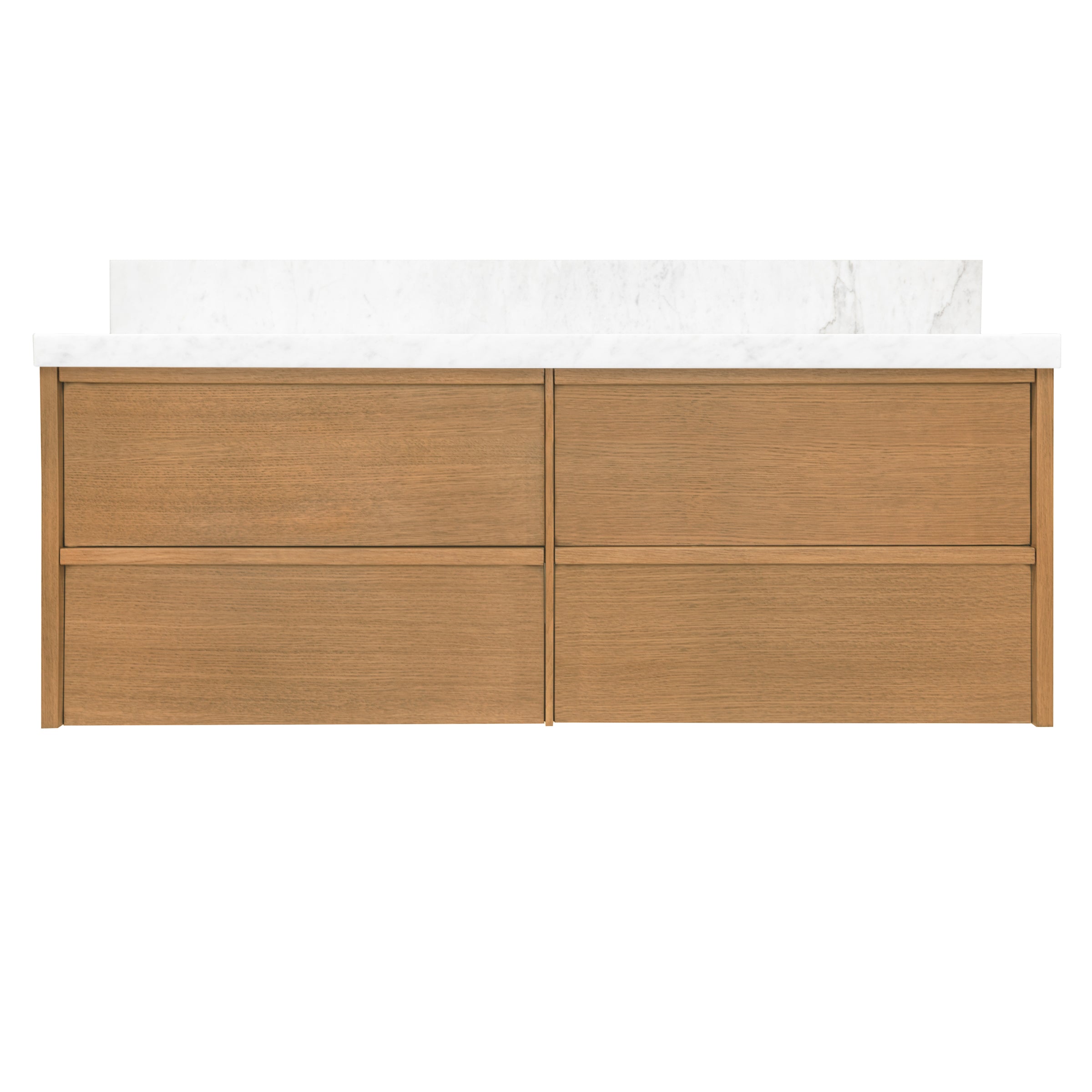 The Dune Bathroom Vanity in beige and brown with wall-mounted design and white Carrara-style countertop from New Arrivals