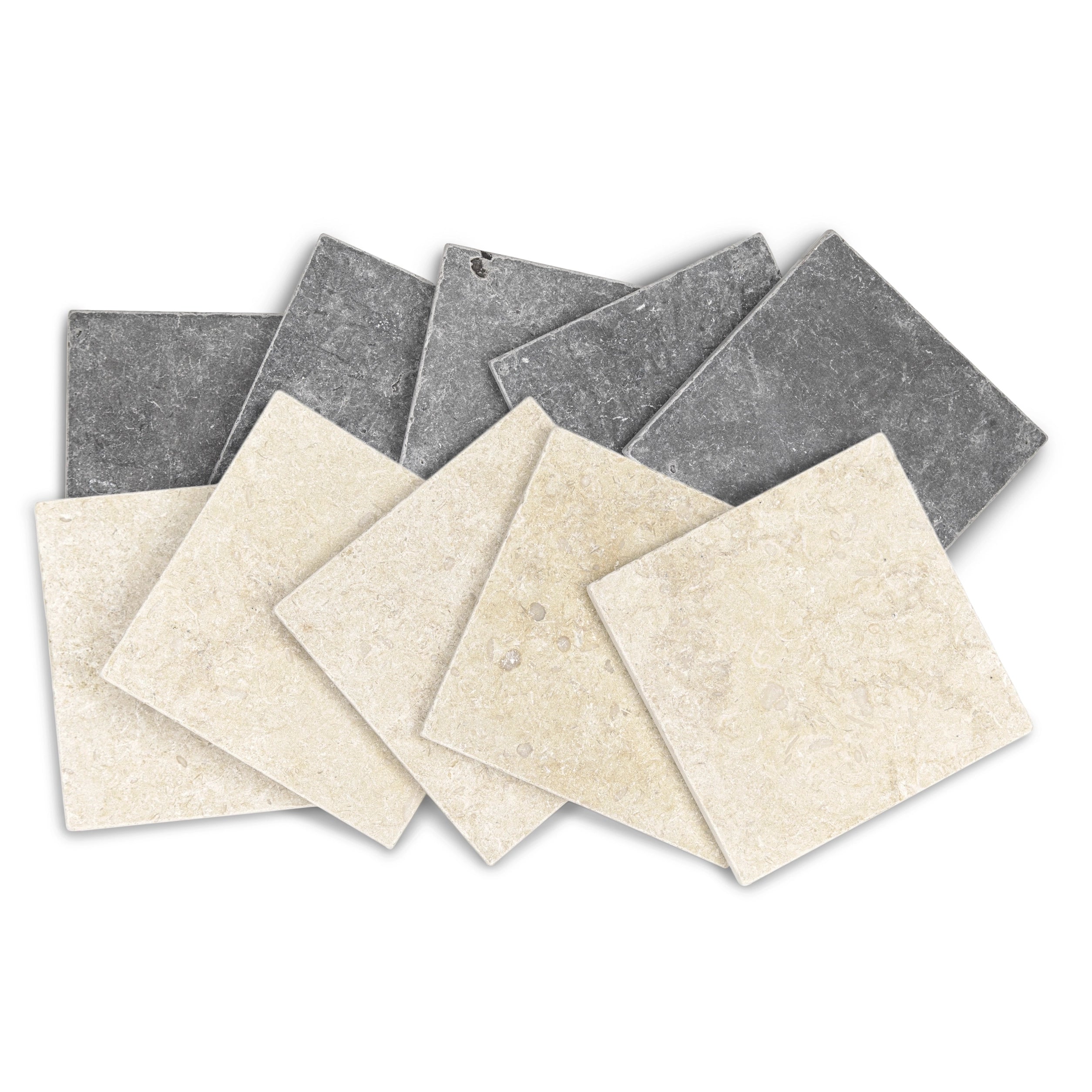 Overlapping square stone tiles in soft beige and charcoal gray with a textured, natural stone appearance