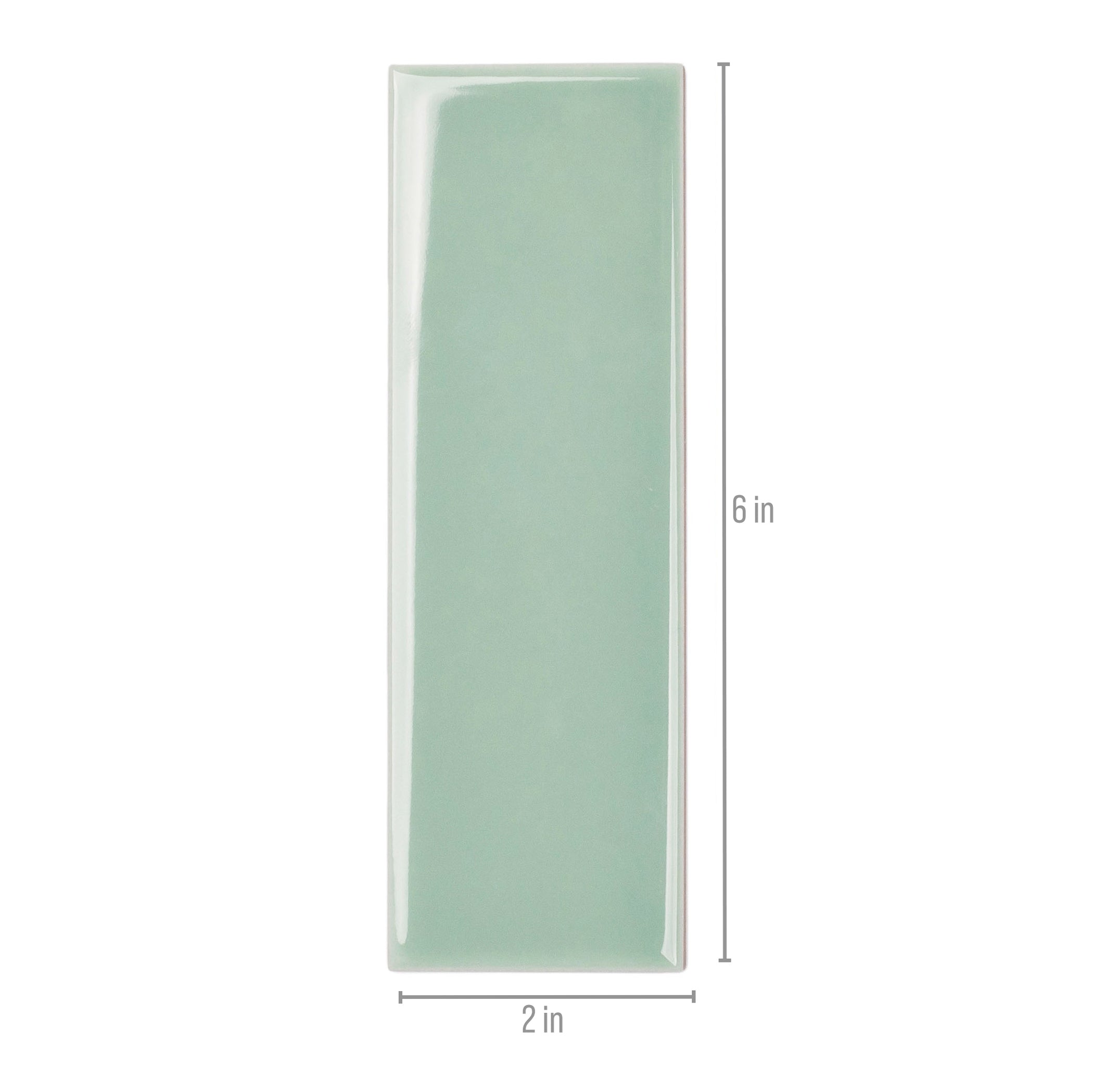 Glossy soft mint green ceramic tile with smooth surface and rounded edges shown with size measurements