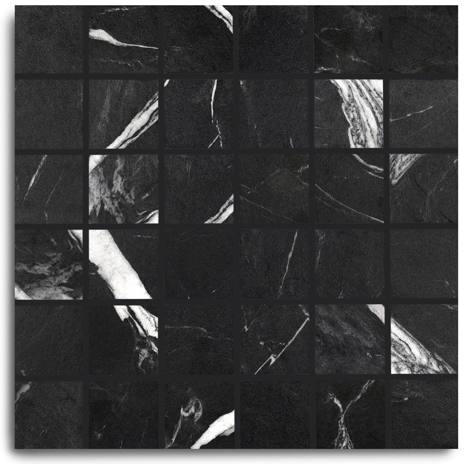 Montblack 12x12 Matte Porcelain Mosaic in deep black with bold white veining from Marble Editions Porcelain Tile collection