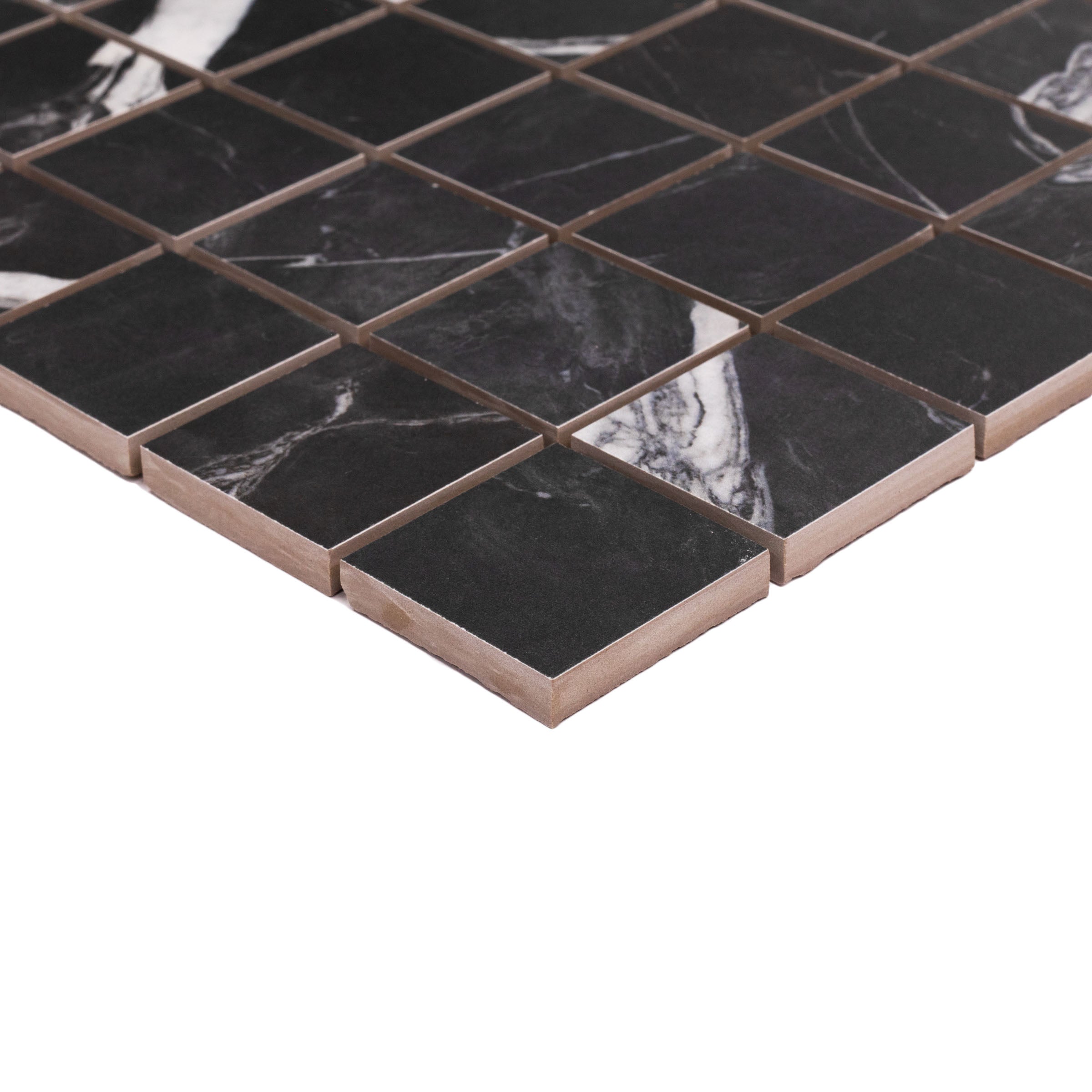 Montblack Matte Porcelain Mosaic Sample showing black porcelain tiles with white veining from porcelain mosaic collection.
