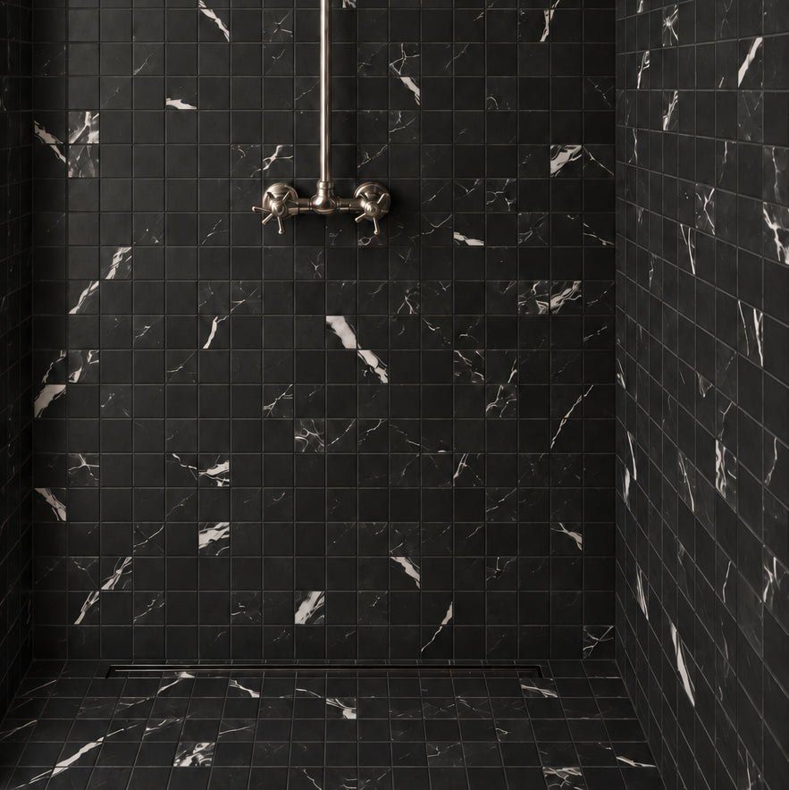 Black marble effect small format tiles cover a shower wall and floor with exposed metal fixtures