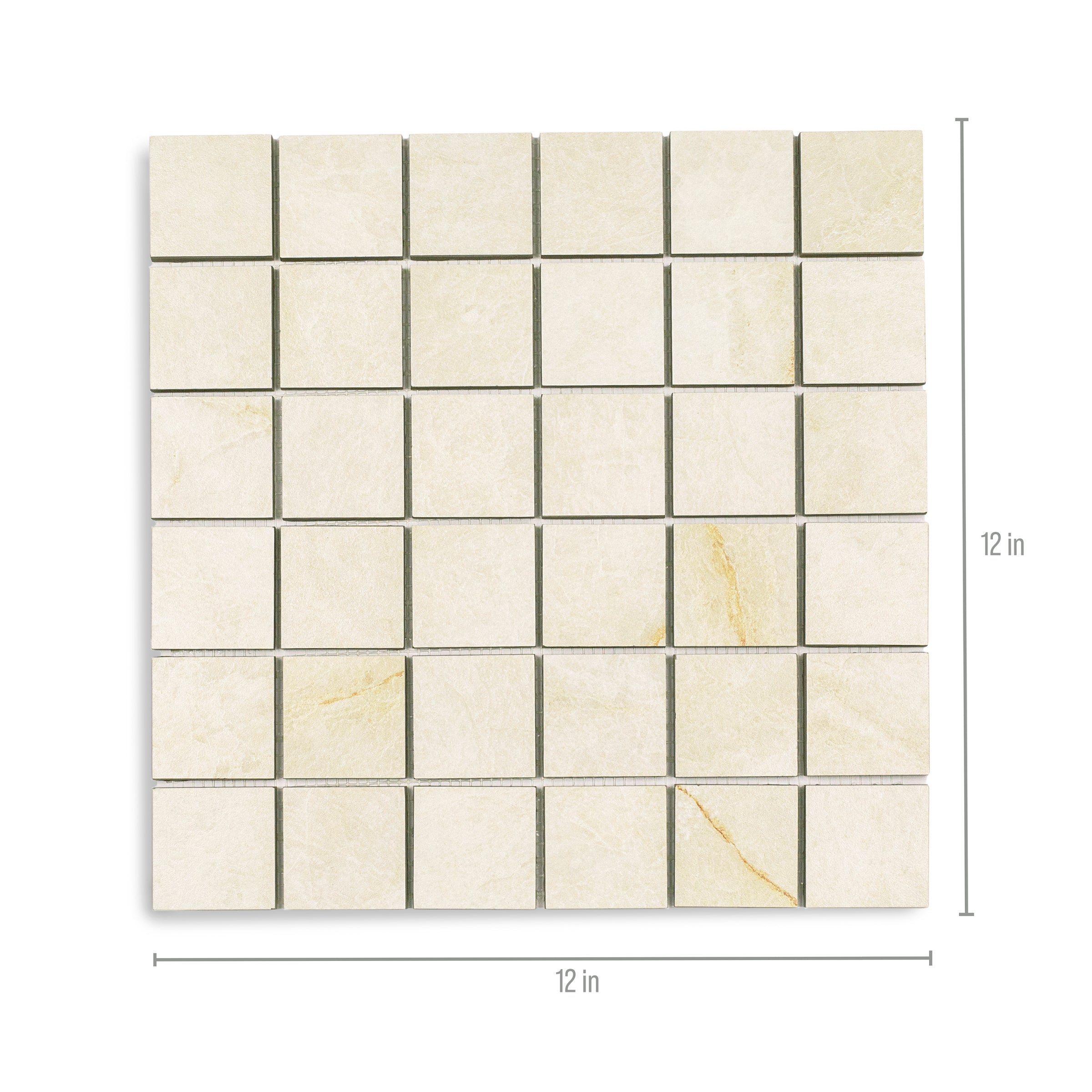 Square cream ceramic mosaic tiles with subtle golden veining arranged in a 12 by 12 inch grid pattern