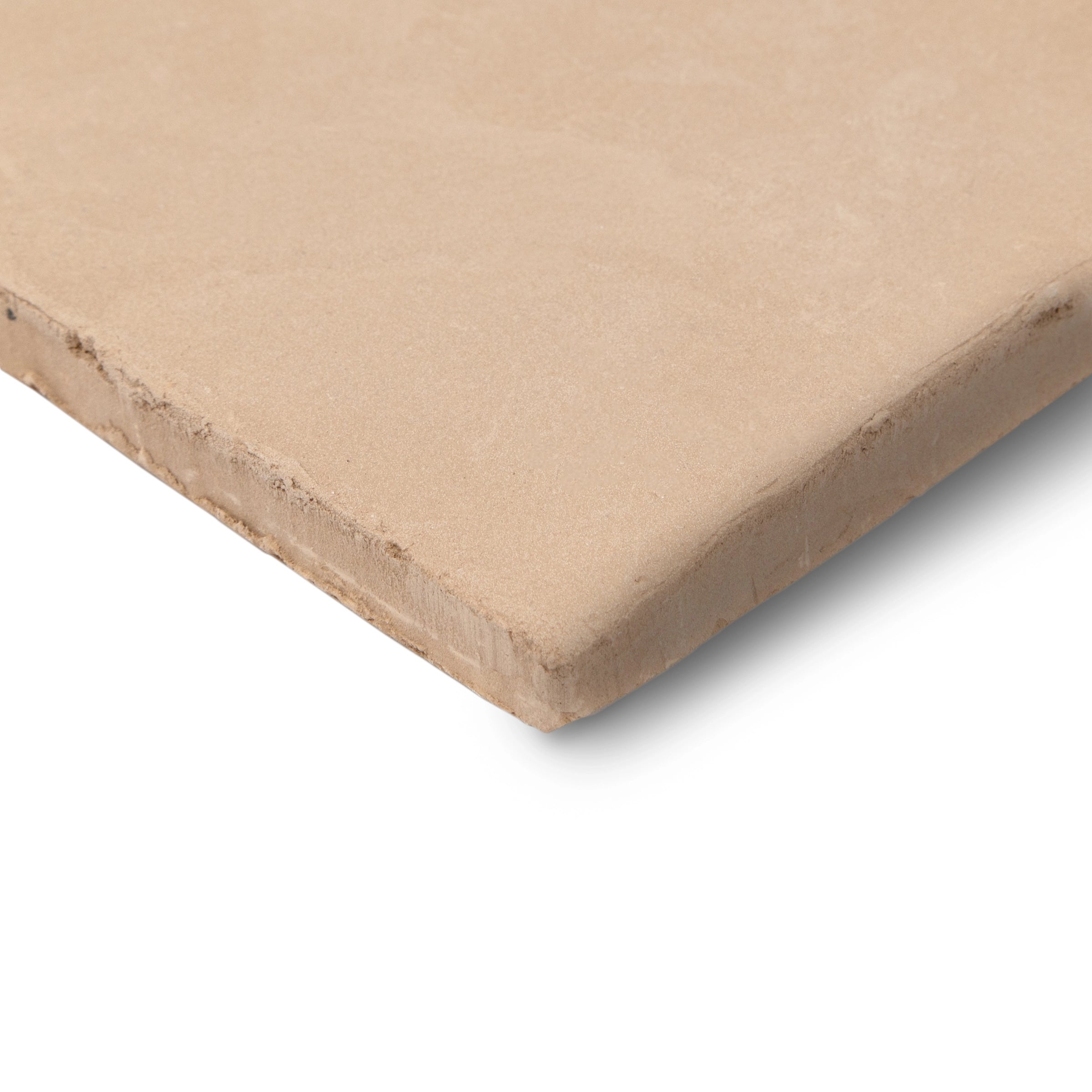 Close-up of a single terracotta tile in a soft mushroom tone with slightly textured matte surface and rough edges for rustic flooring designs