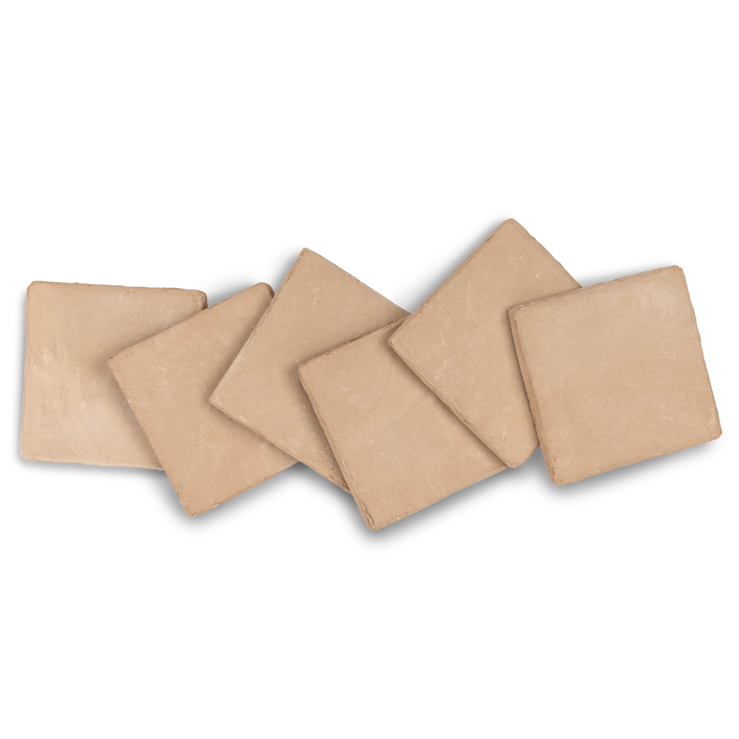Six square terracotta tiles in a soft mushroom shade with a matte finish and gently irregular edges arranged casually