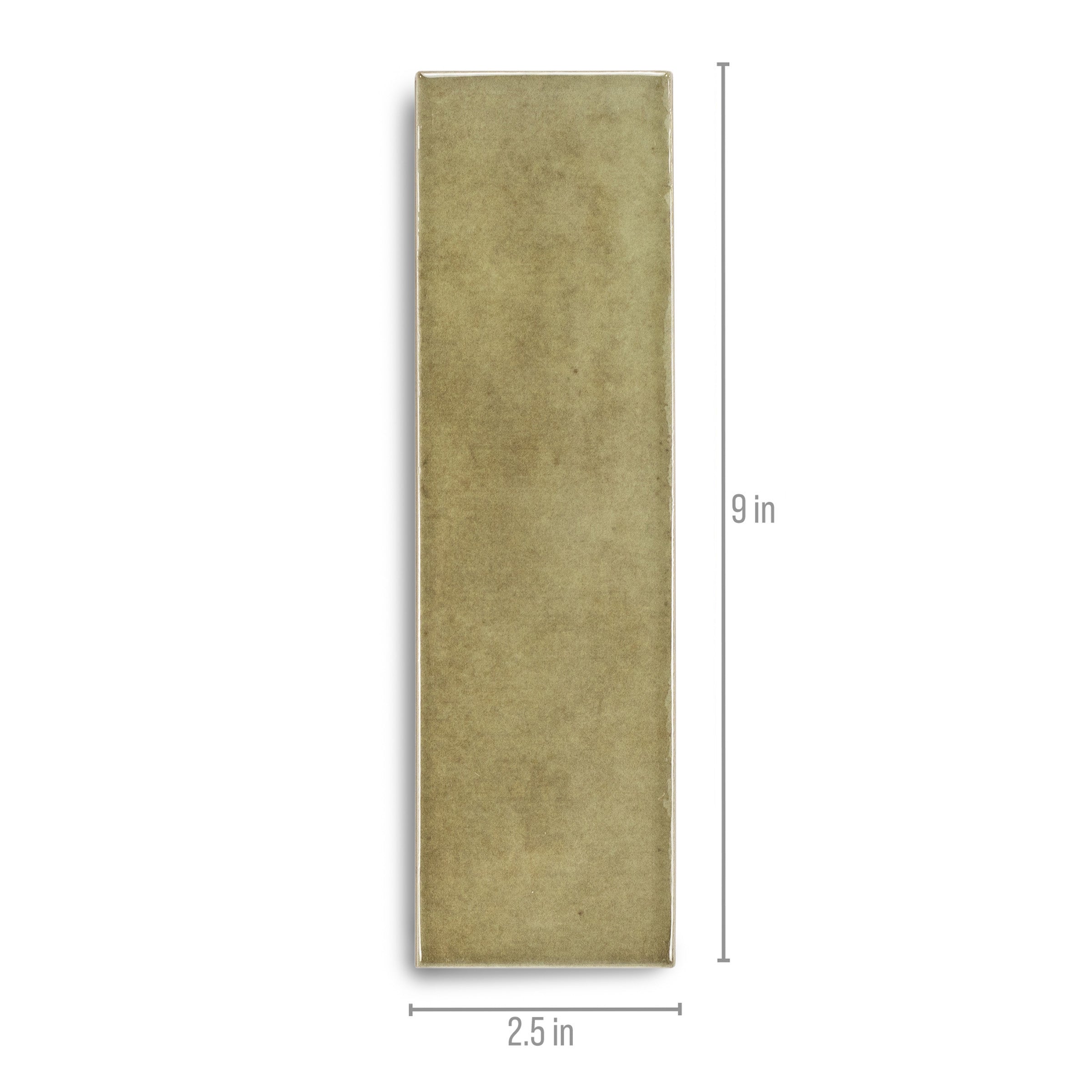 Long rectangular olive green ceramic tile with a smooth matte finish and size markings on a white background