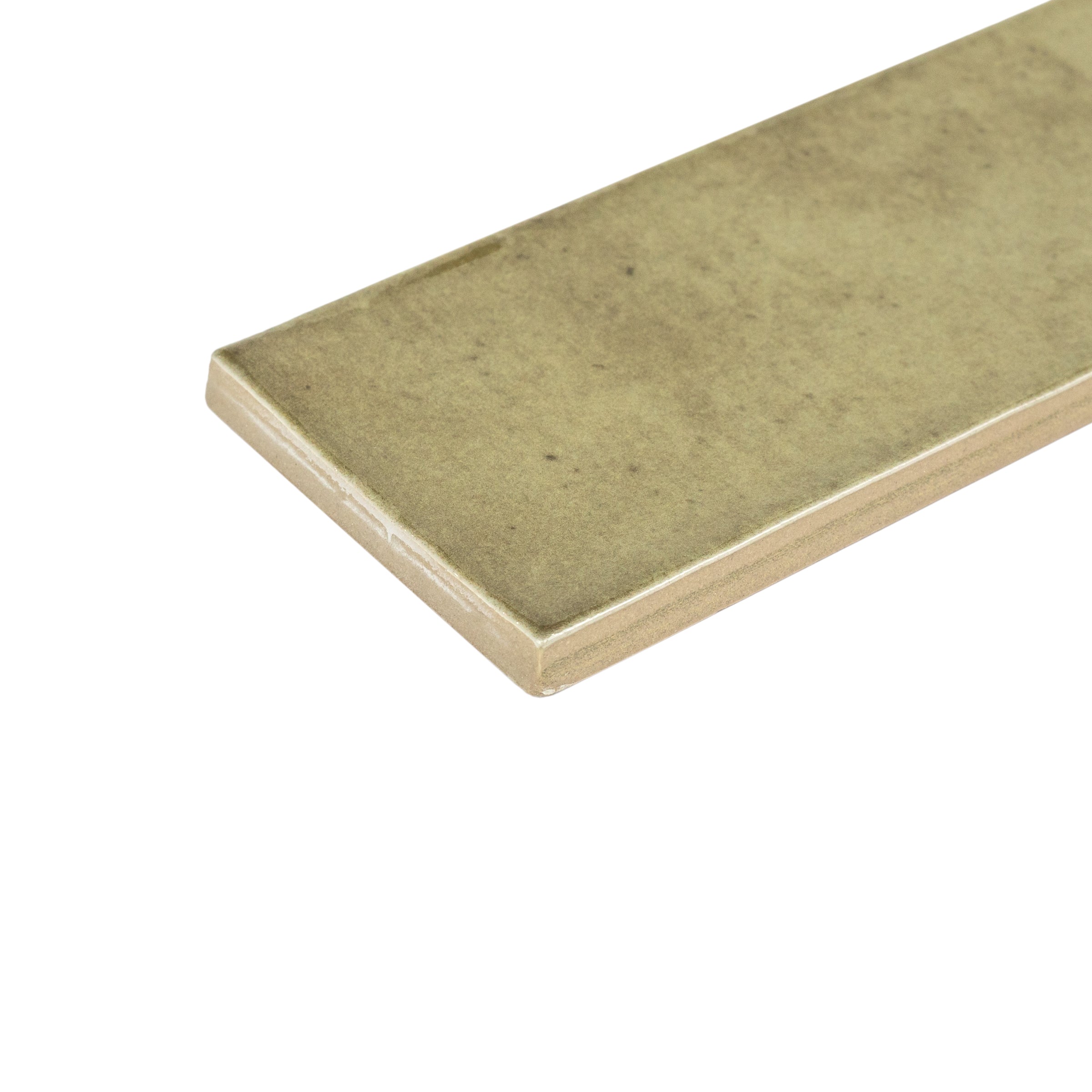 Single elongated ceramic tile in a muted musky olive tone with a smooth matte surface on a white backdrop