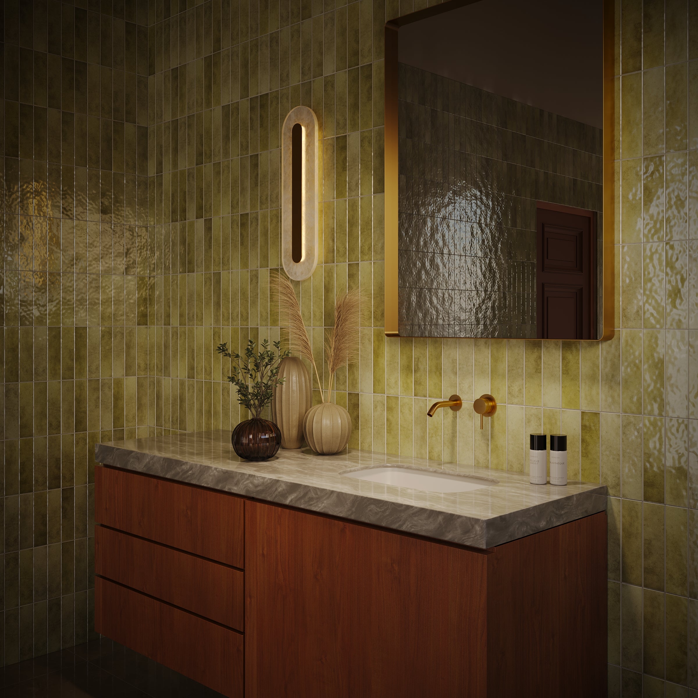 Glossy olive green ceramic tiles with vertical rectangular shape surrounding a modern wooden vanity and minimalist sink area