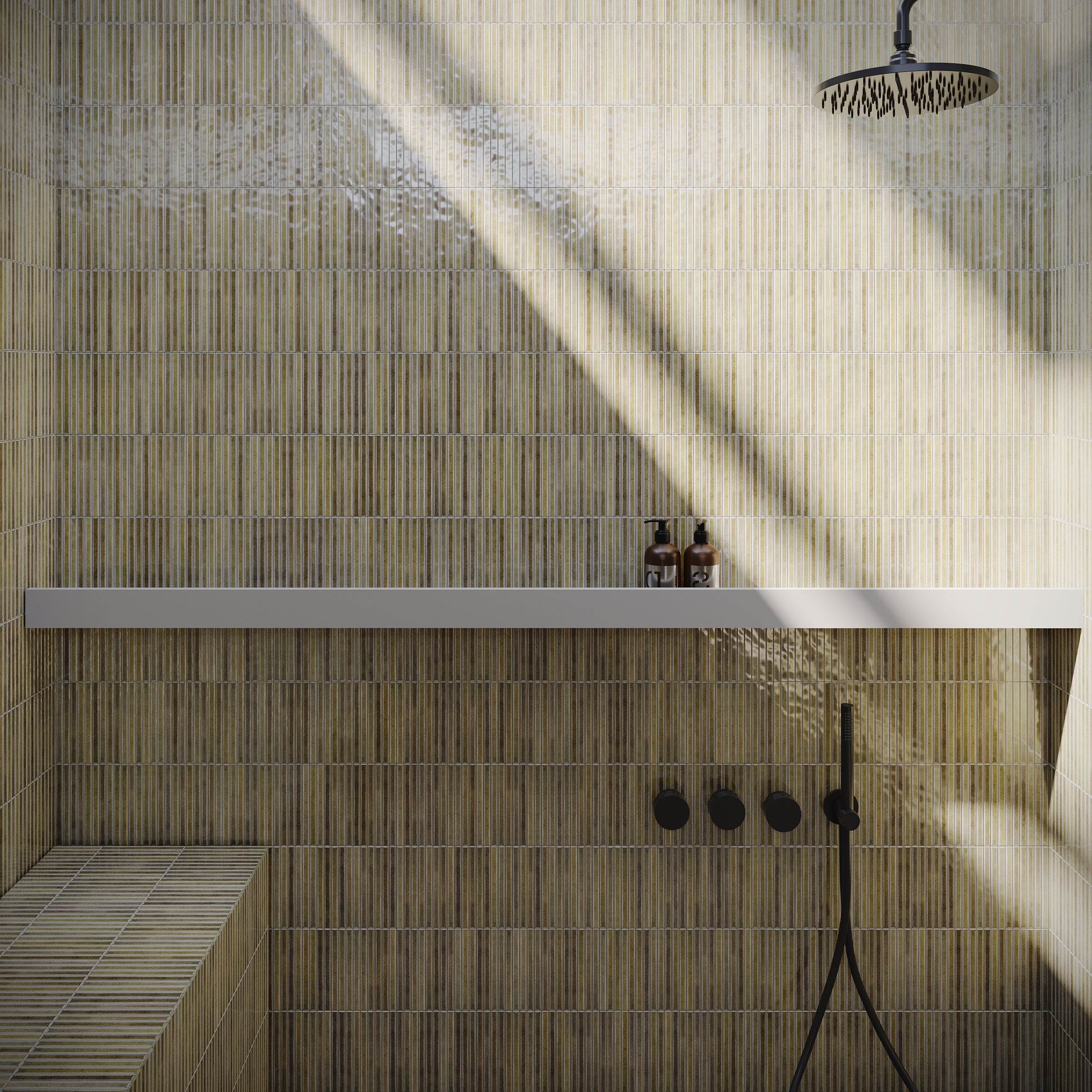 Glossy beige porcelain tiles with vertical linear texture in a sunlit modern shower featuring matte black fixtures and a built-in bench