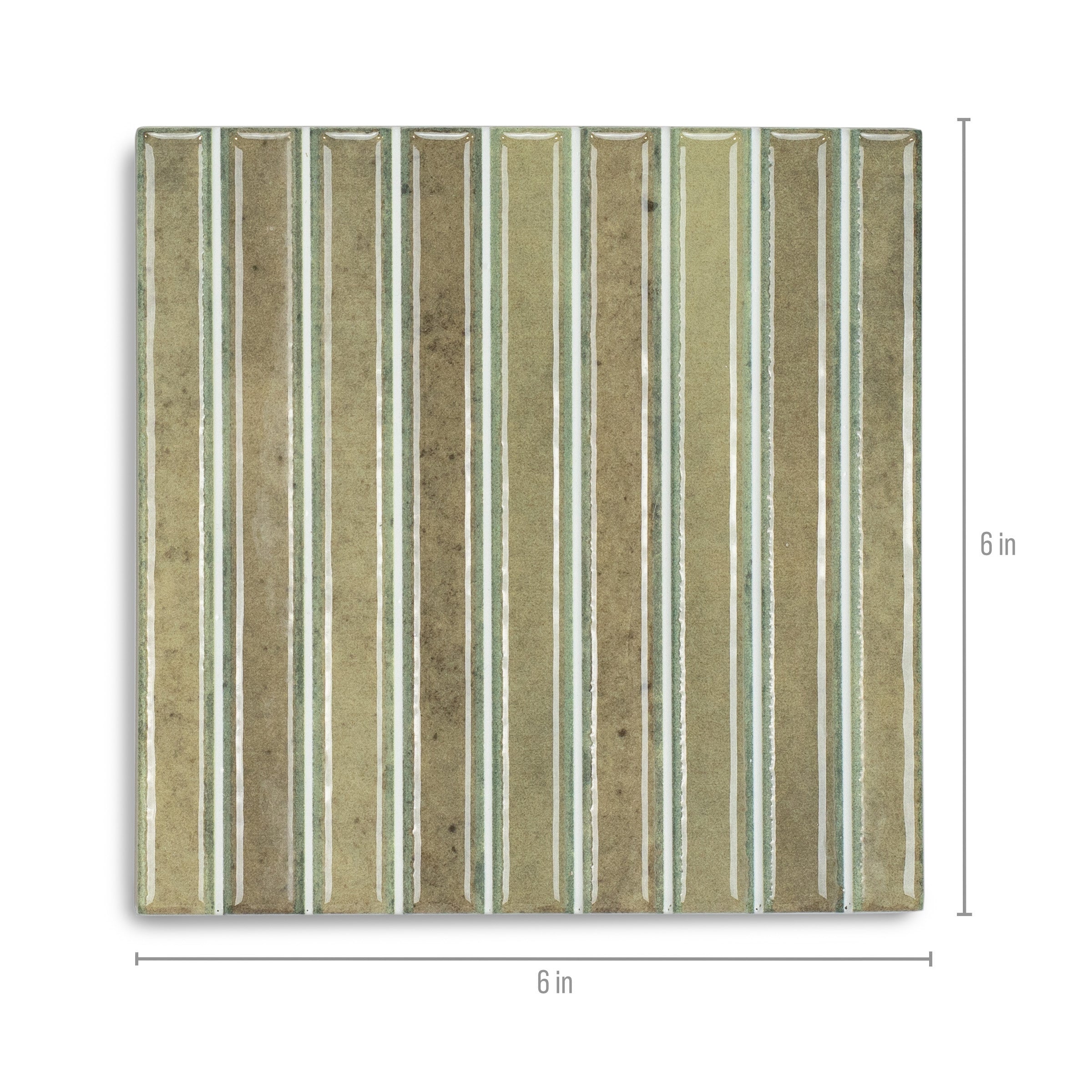 Square ceramic tile in muted olive green with narrow white vertical lines and a slightly textured, glossy surface