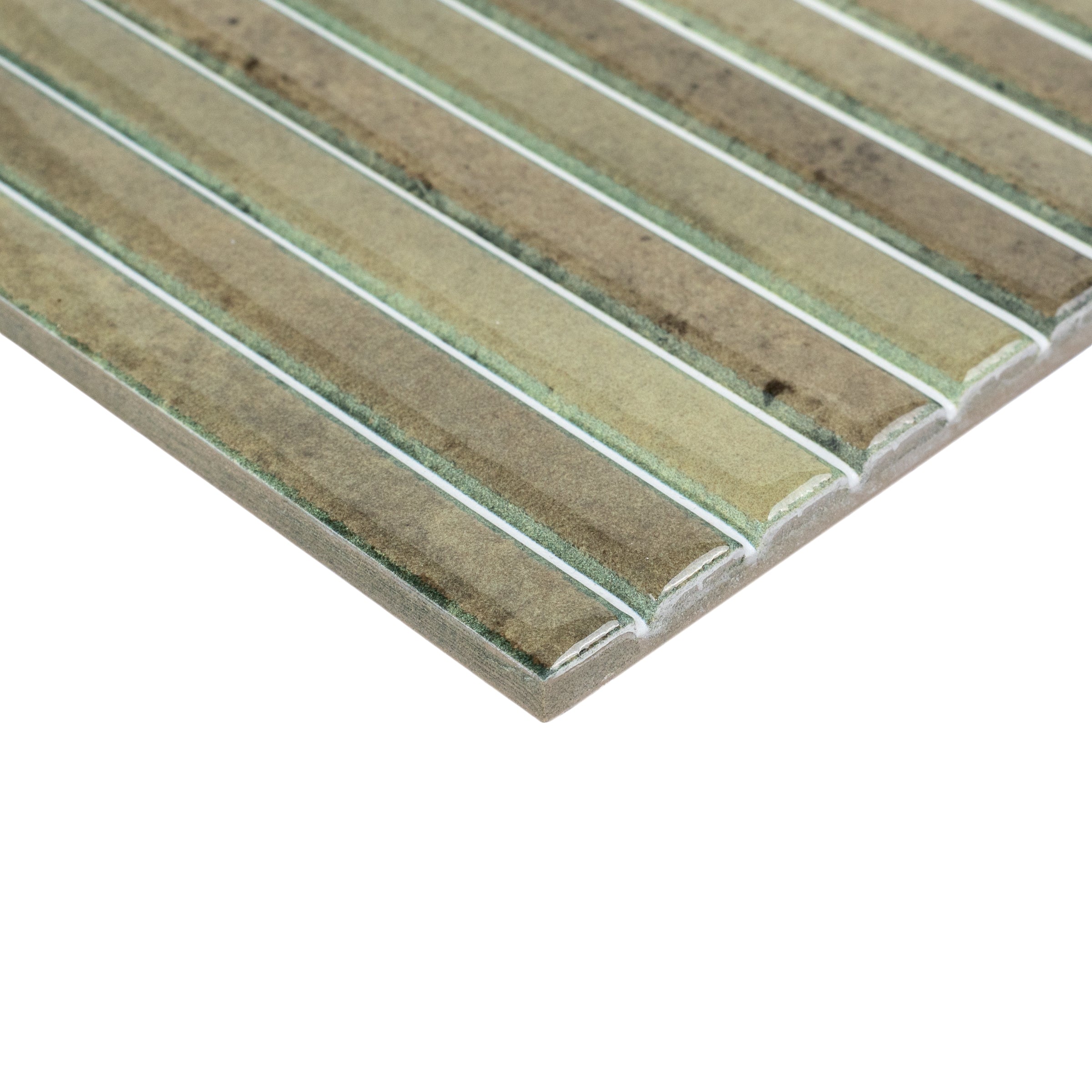 Rectangular ceramic tile with textured raised ridges in varied earthy green tones and subtle glossy finish
