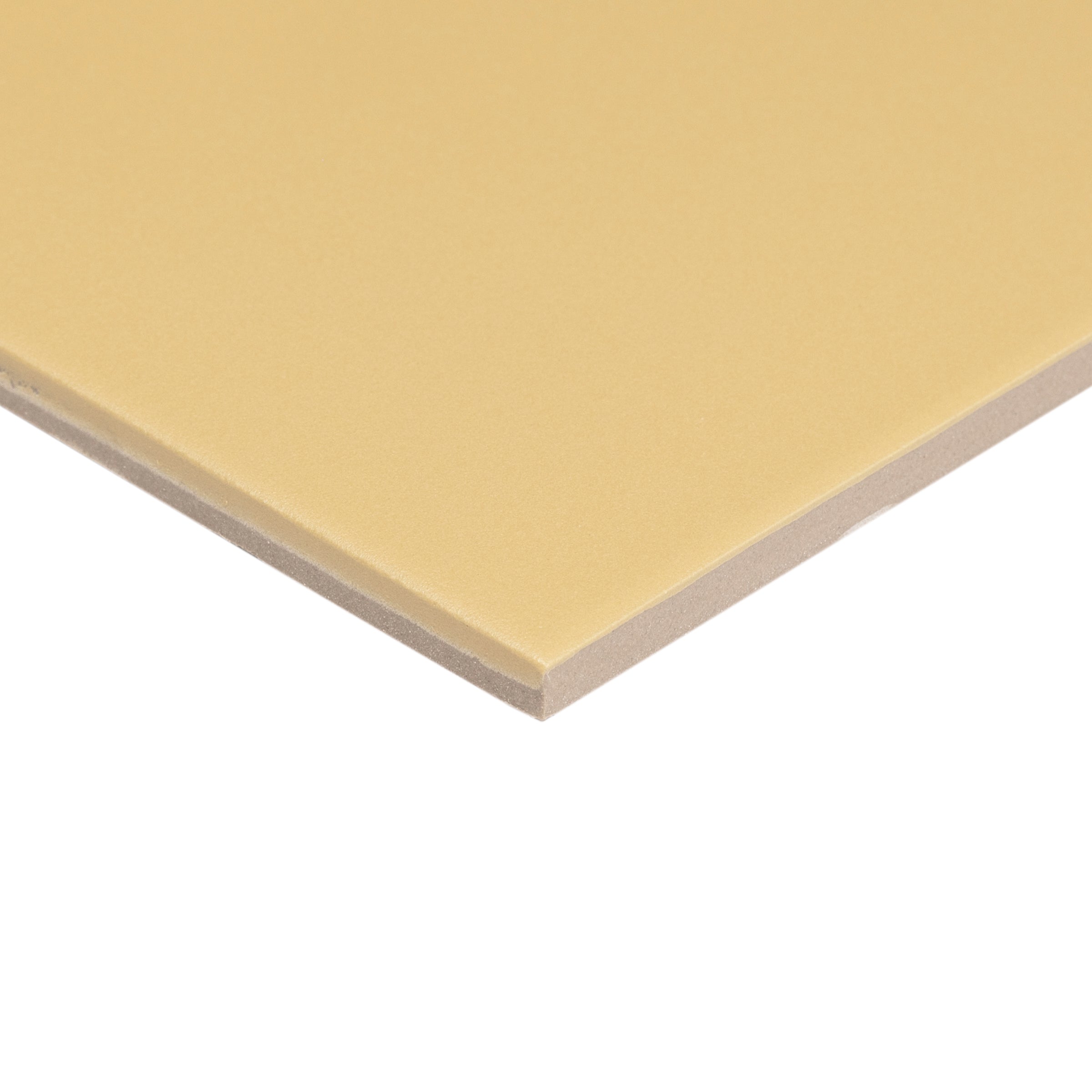 Single matte porcelain tile in muted mustard tone with smooth surface and clean, precise edges on white background