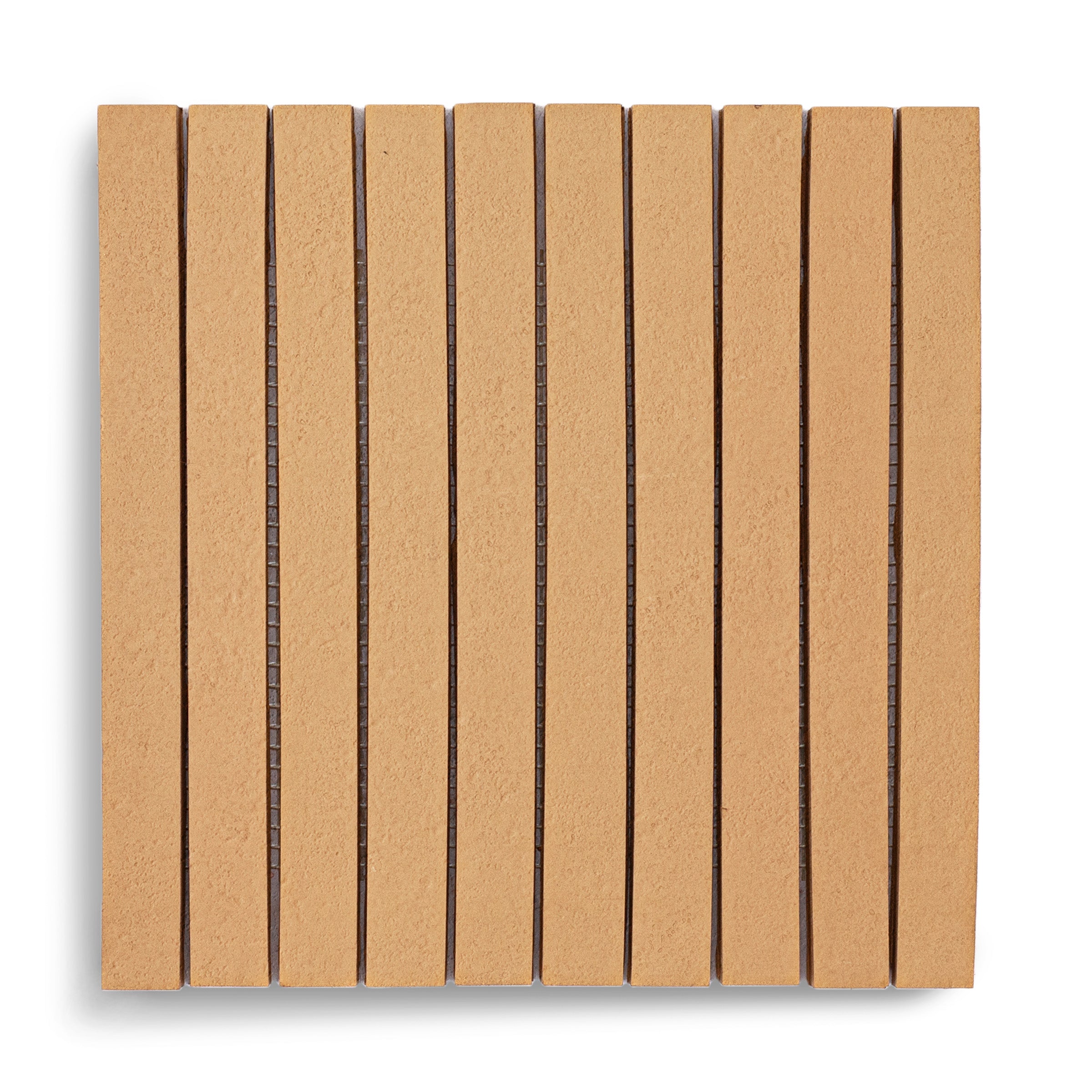 Natural Stripes Textured Terracotta Mosaic showcasing small format terracotta tiles with textured vertical stripes in warm grey tones.