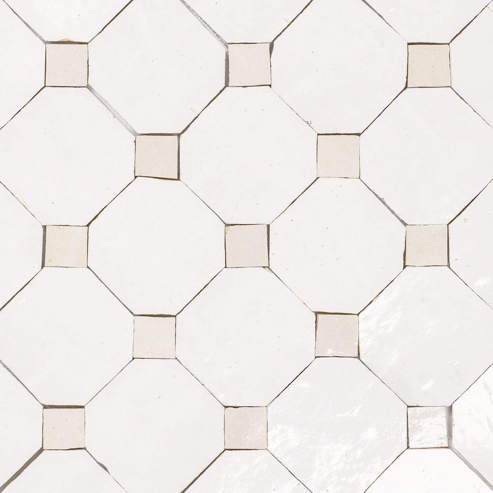 White & Ecru Octagon Zellige Mosaic with handmade terracotta tiles in soft tonal design from Handmade Moroccan Zellige Tiles collection