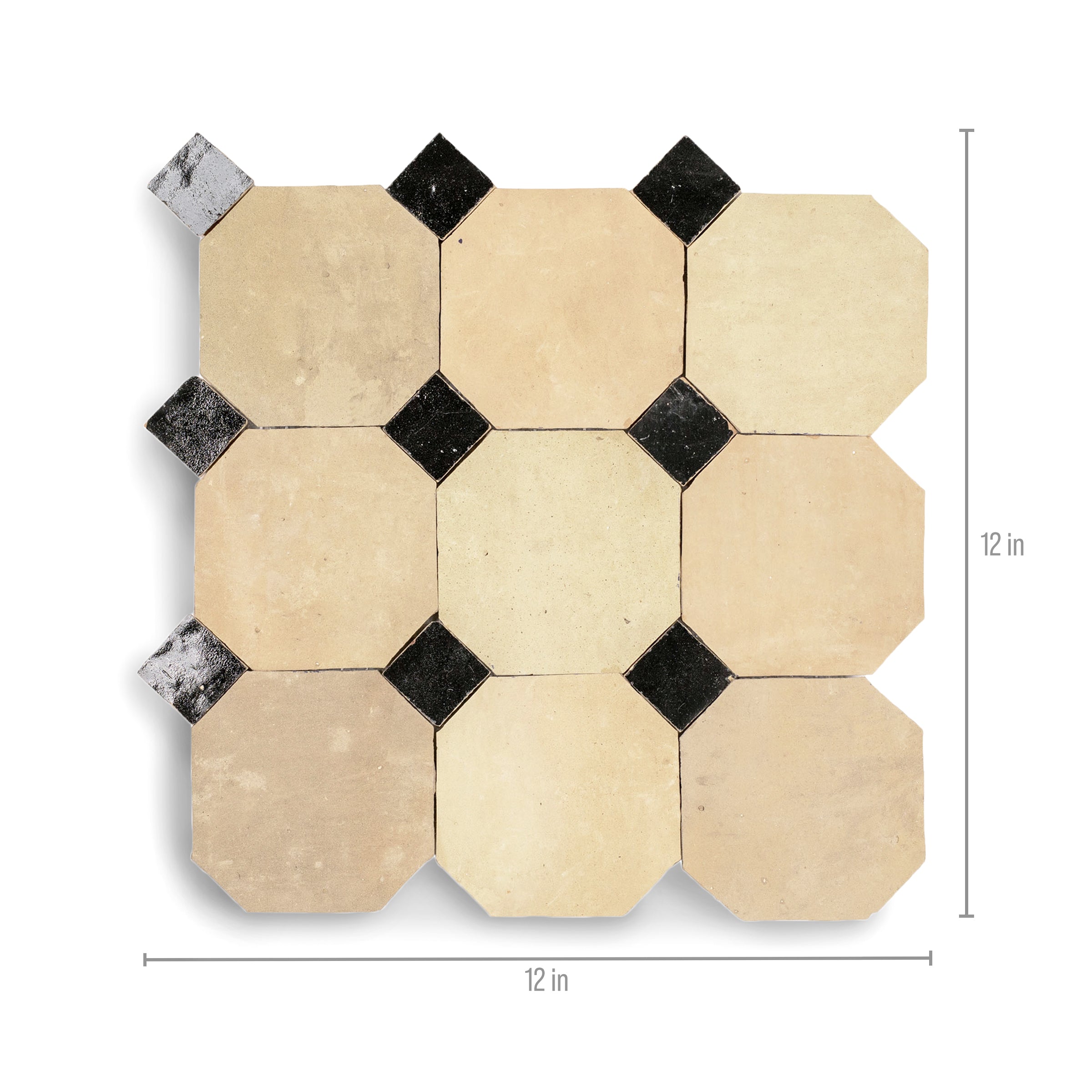 Unglazed & Black Octagon Zellige Mosaic ceramic tile in beige and black with matte texture from Handmade Moroccan Zellige Tiles collection