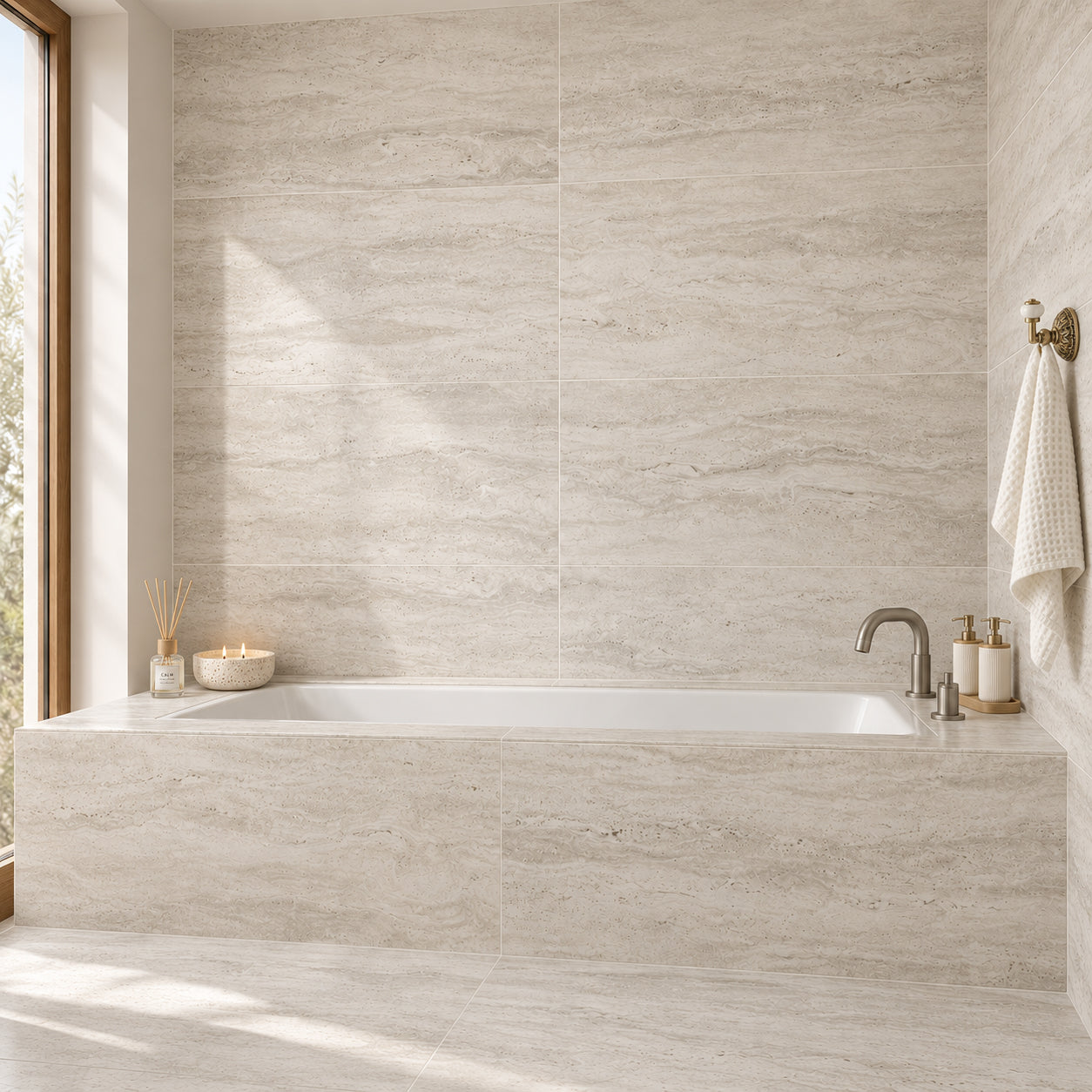 Modern bathroom with a bathtub and large format stone look tiles in soft beige tones