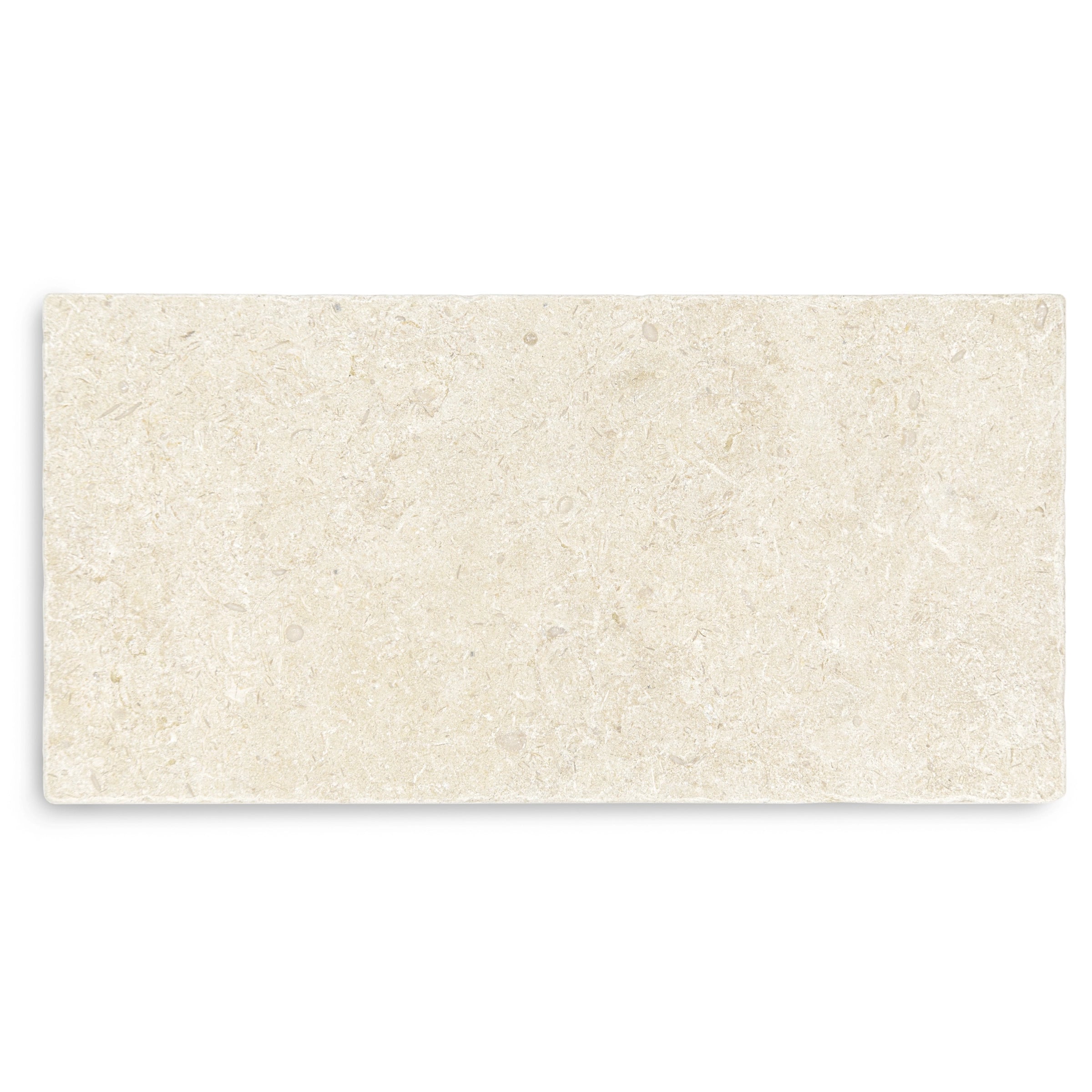 Rectangular light beige stone tile with a tumbled surface and subtle natural mineral details on white background