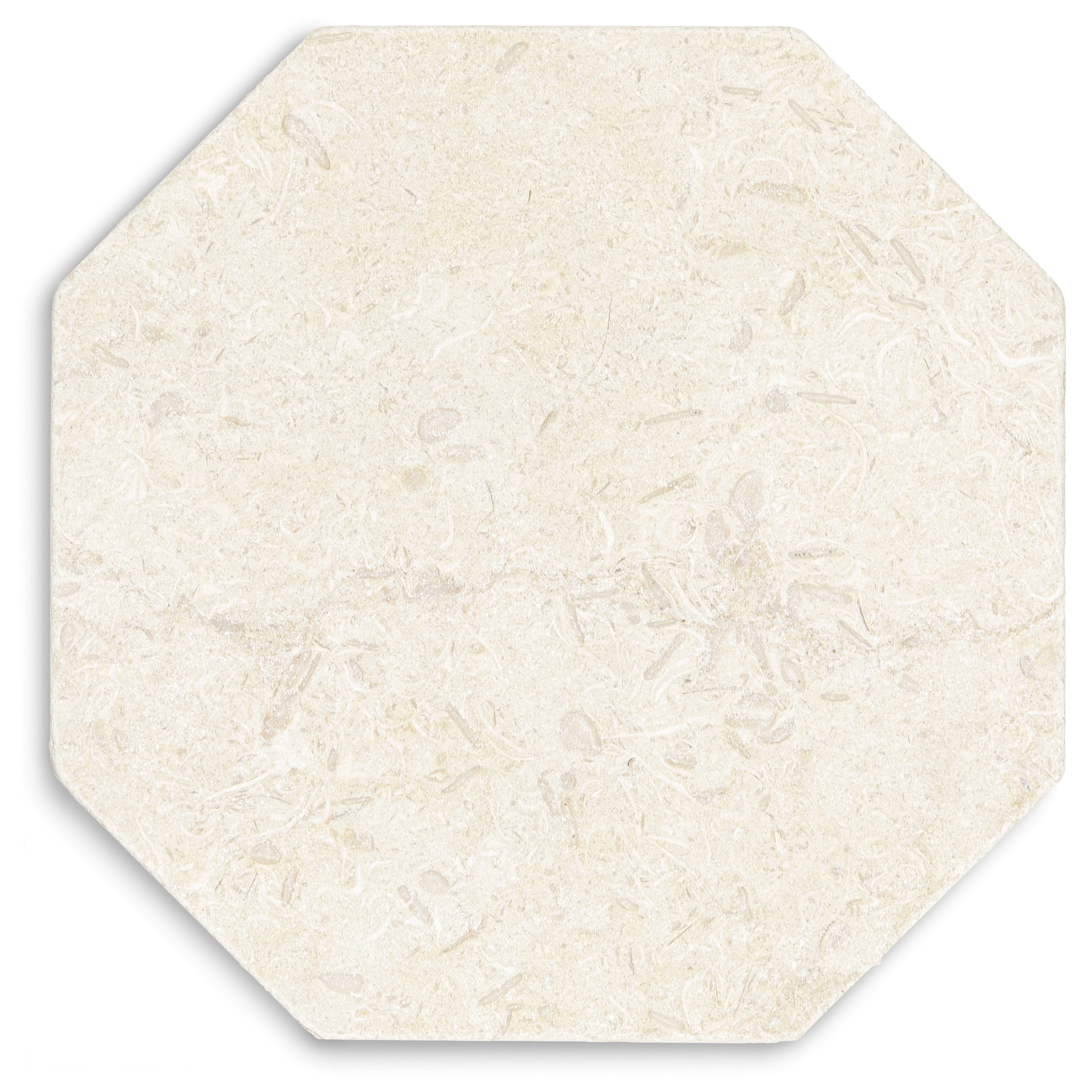 Light beige octagonal stone tile featuring subtle natural fossil patterns and a tumbled textured surface