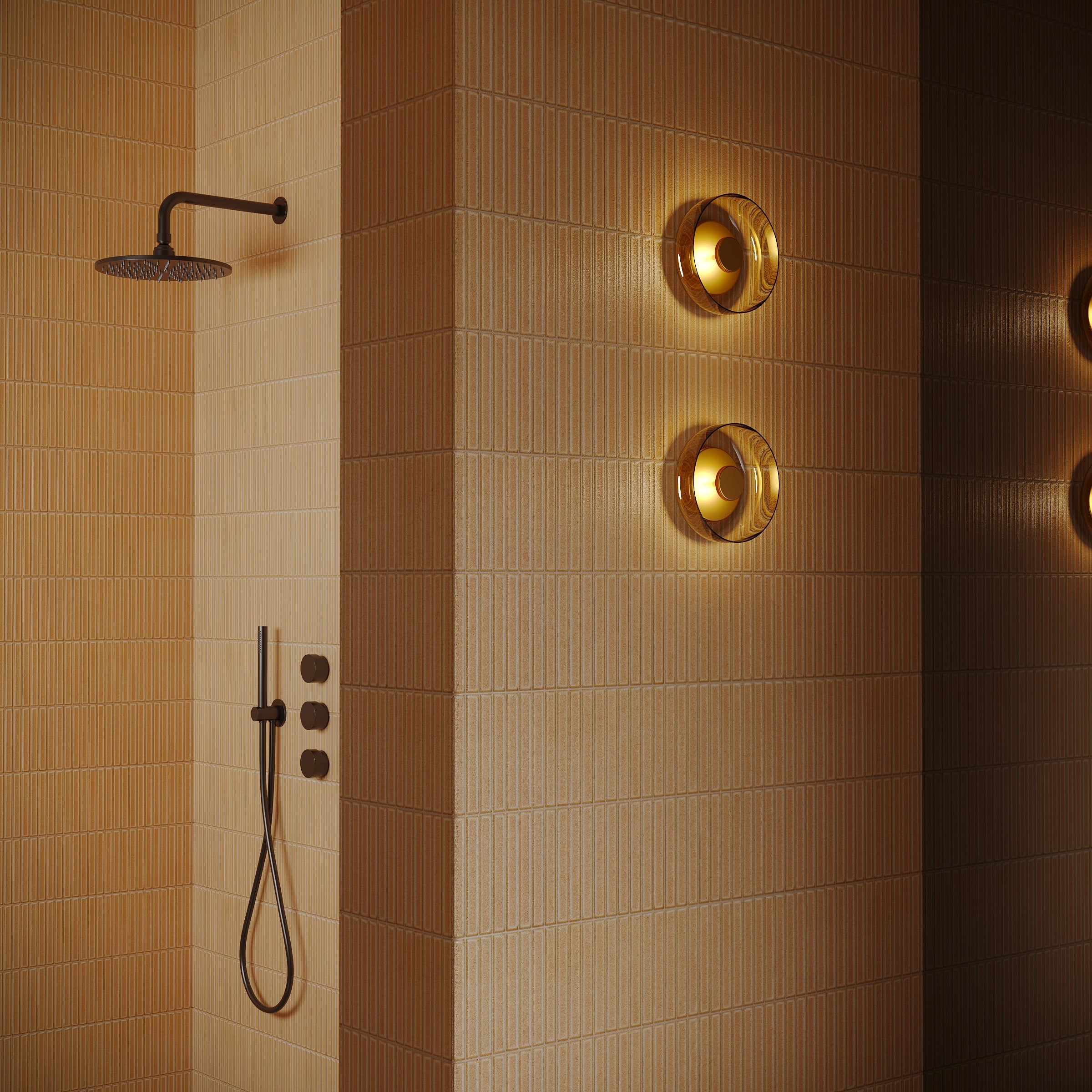Modern shower area with vertical beige ceramic tiles and warm golden wall lights reflecting softly on the surface