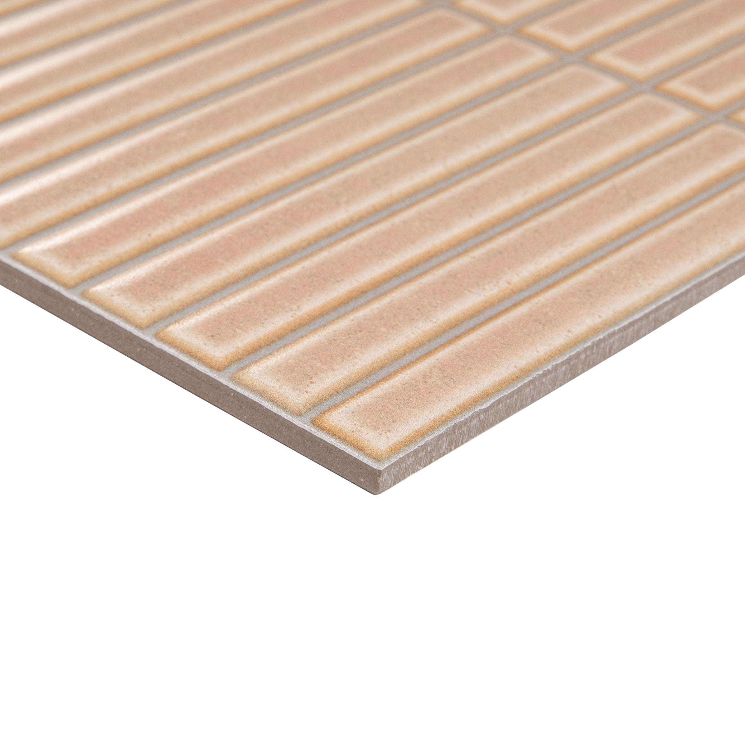 Nude 3D Gloss Porcelain Tile Sample in warm beige with textured lines from the Porcelain SAMPLES ONLY collection.
