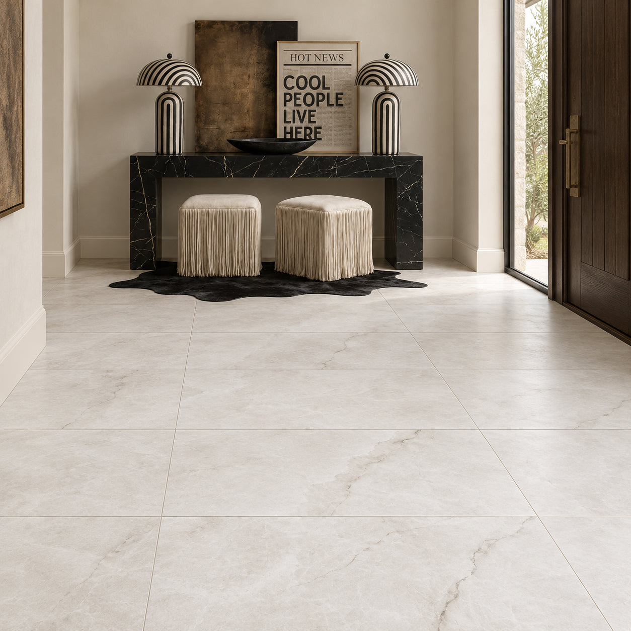 Nuvola Pearl 24x48 Marble Look Porcelain Tile in an elegant entryway