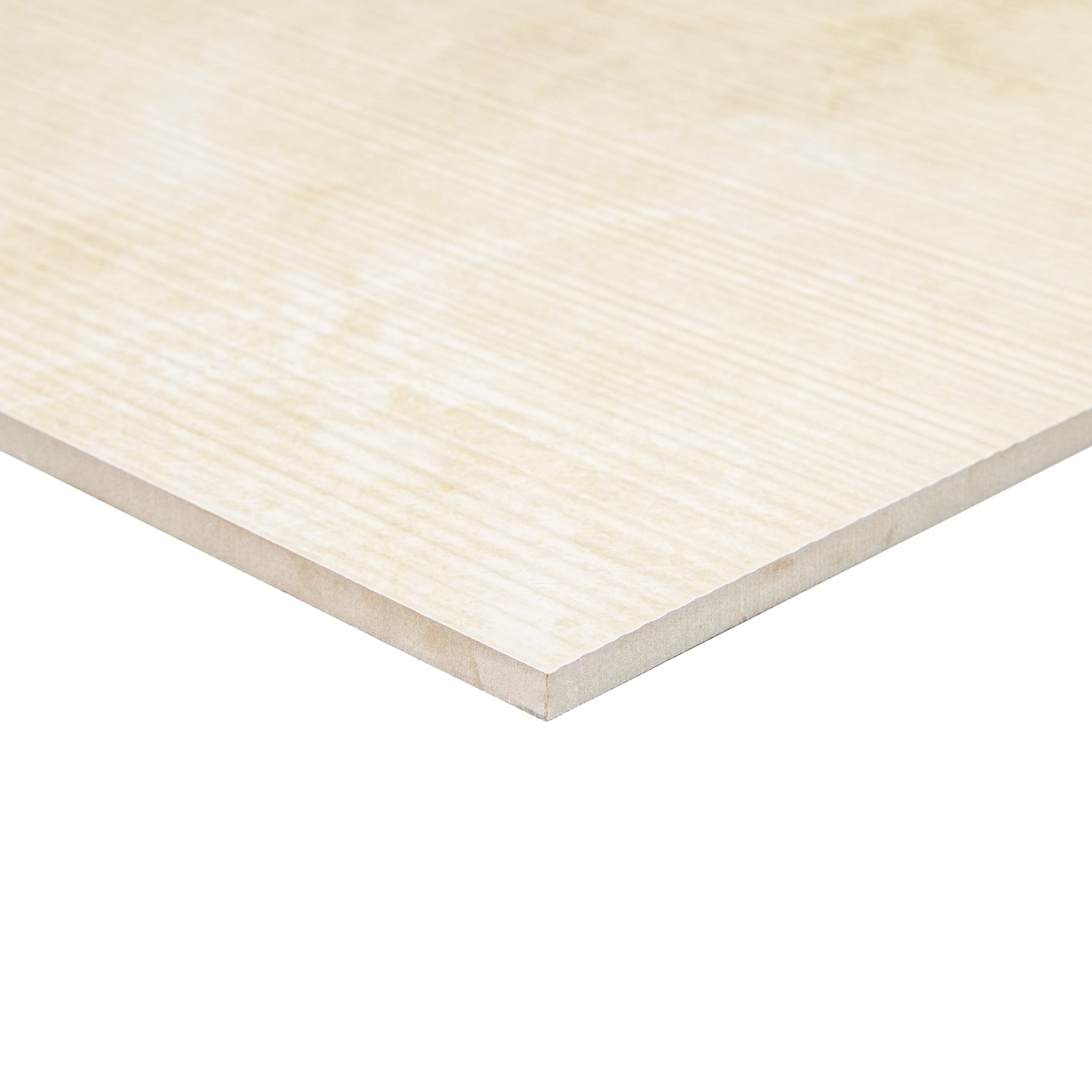 Light beige porcelain tile with subtle linear pattern and smooth matte finish shown at an angle edge view