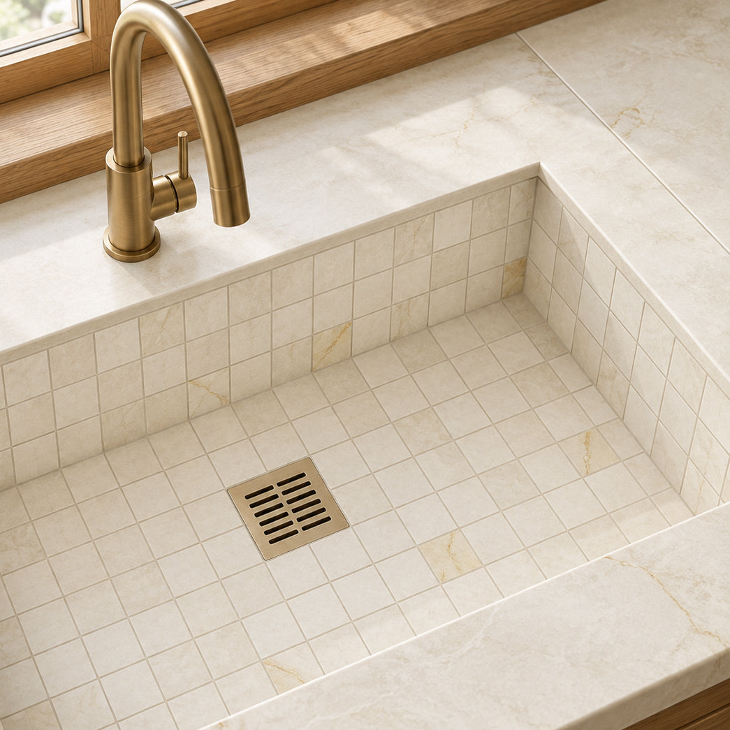 Cream tiled sink with a brushed brass faucet and square metal drain