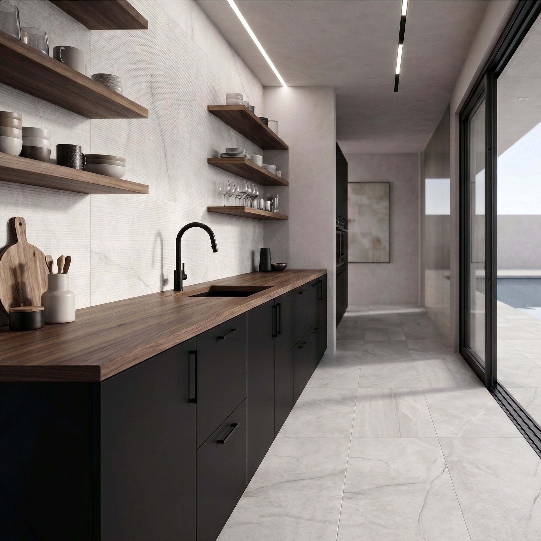 Kitchen corridor with matte black cabinetry, wooden countertop, floating shelves, marble-effect large format floor tiles, and glass sliding doors.