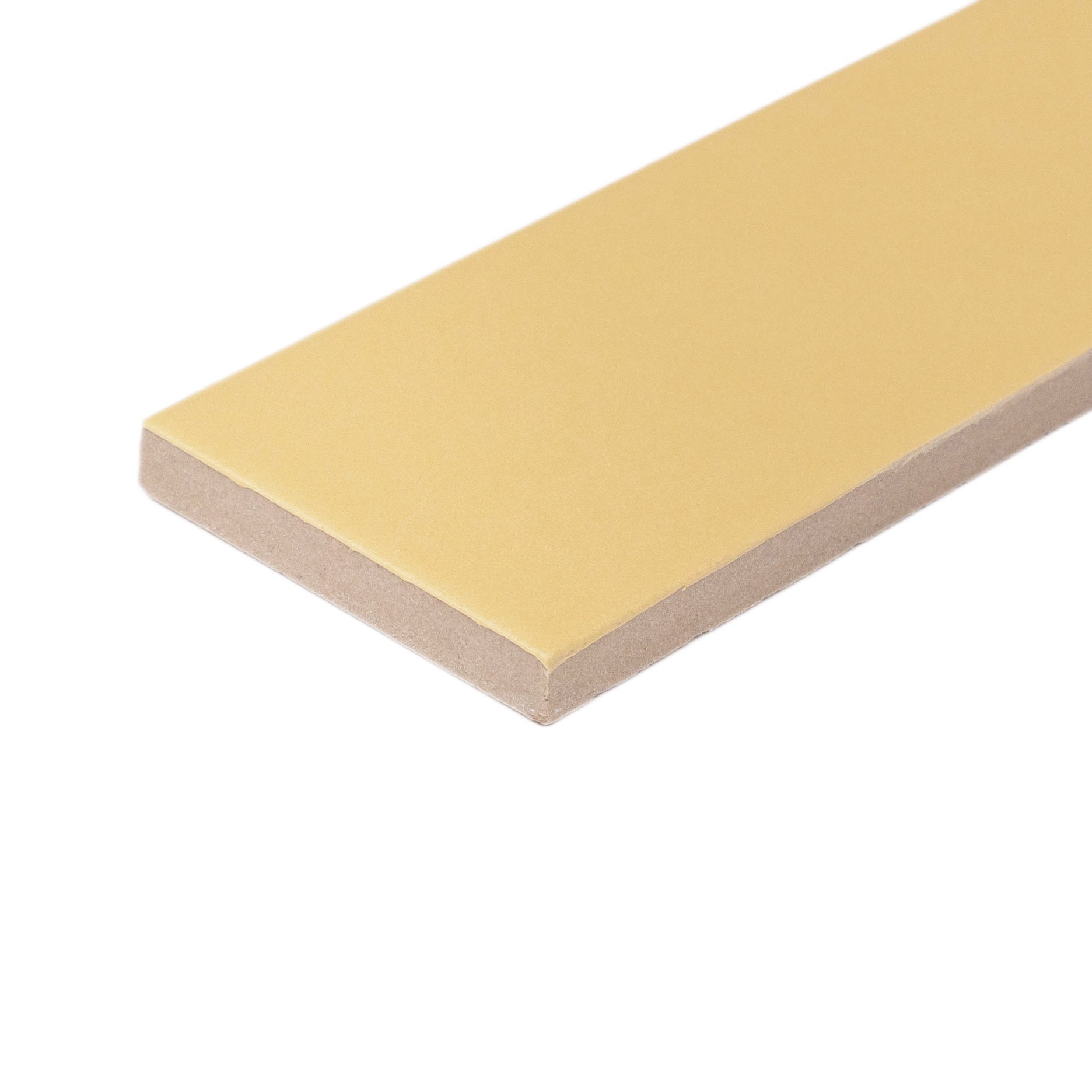 Rectangular porcelain tile in a soft muted yellow shade with a smooth matte surface and straight edges on a white background