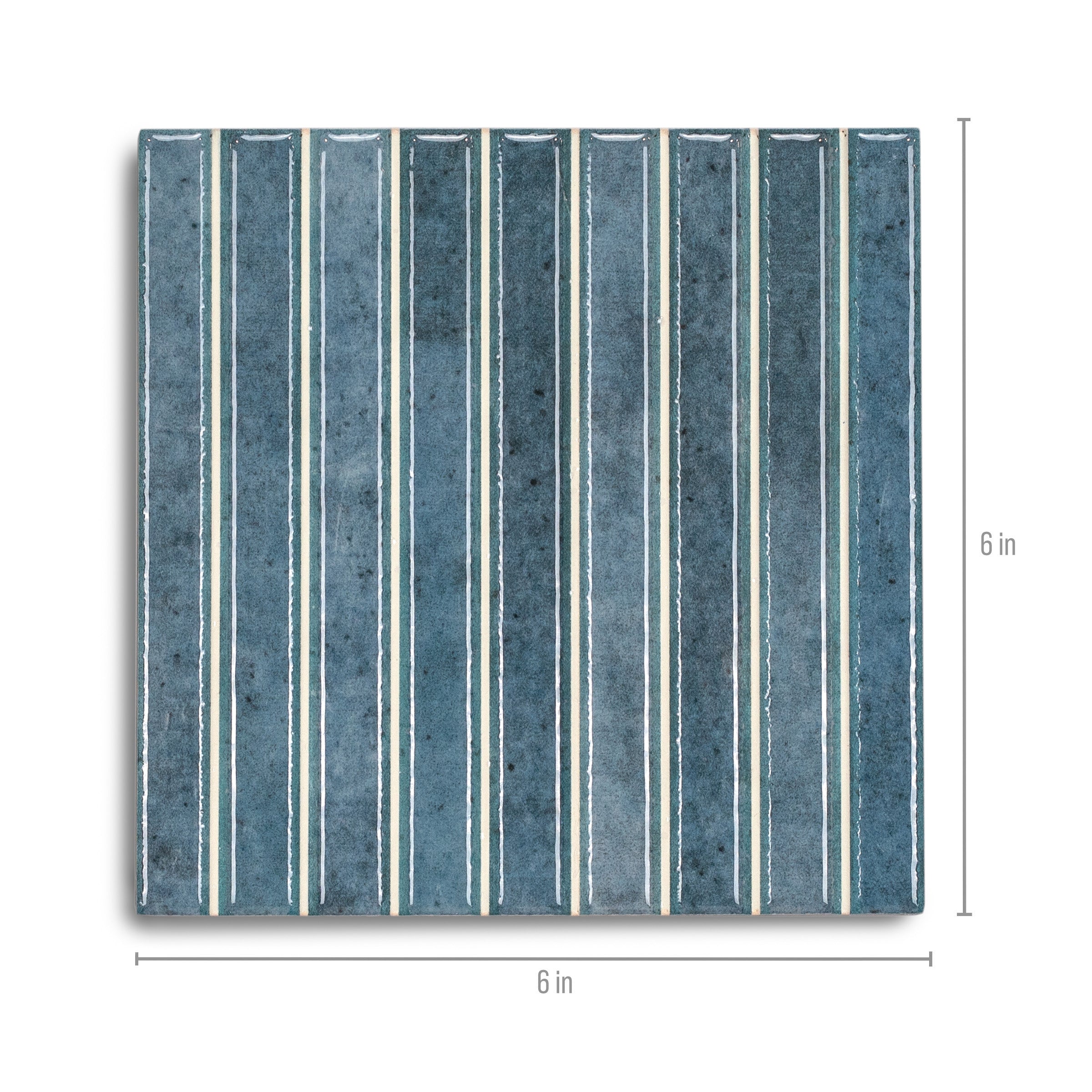 Square ceramic tile in varied blue shades with glossy finish and narrow white vertical stripes spaced evenly across surface