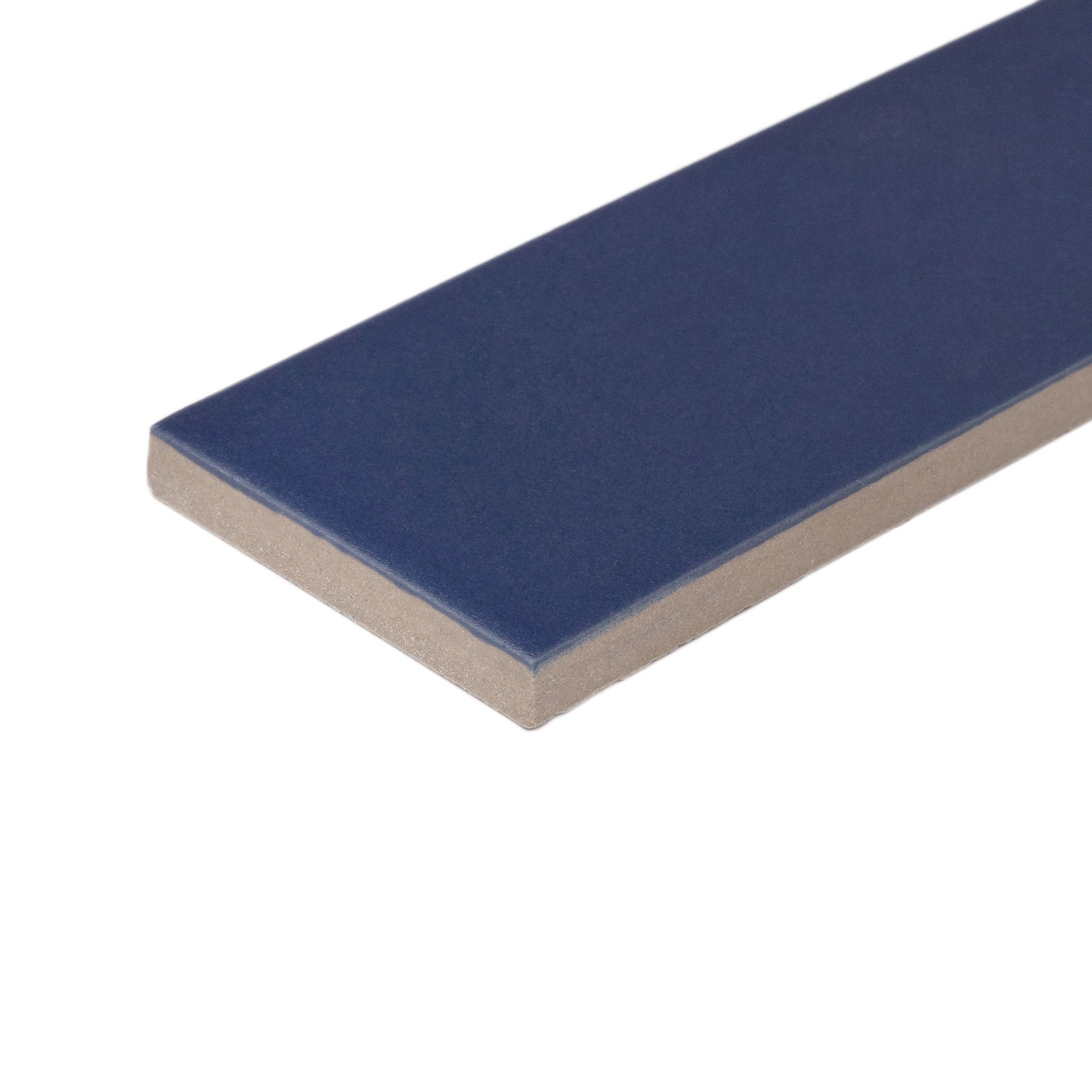 Narrow rectangular porcelain tile in deep ocean blue with a smooth matte surface and clean edges on white background