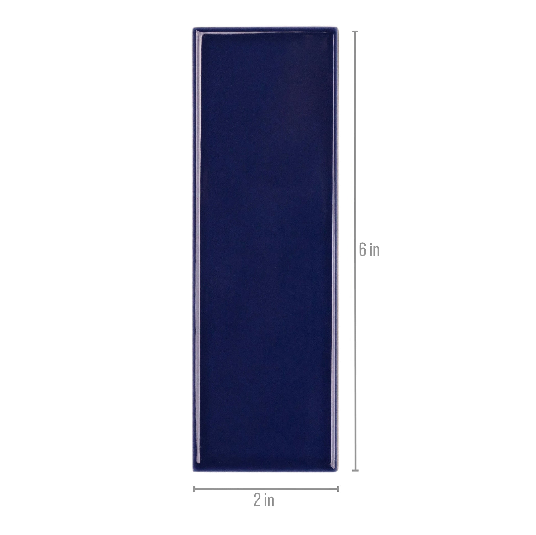 Glossy rectangular ceramic tile in rich navy blue with smooth surface and clean edges shown with size markings