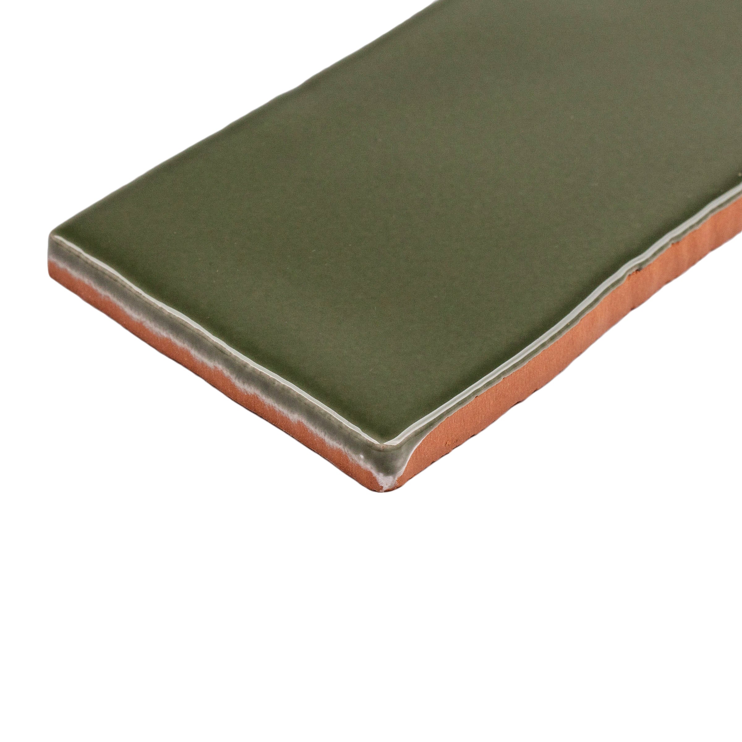 Olive 3x12 Glossy Ceramic Tile in deep muted green with rich gloss and subtle irregular edges from Seville Glossy Ceramic Tiles collection