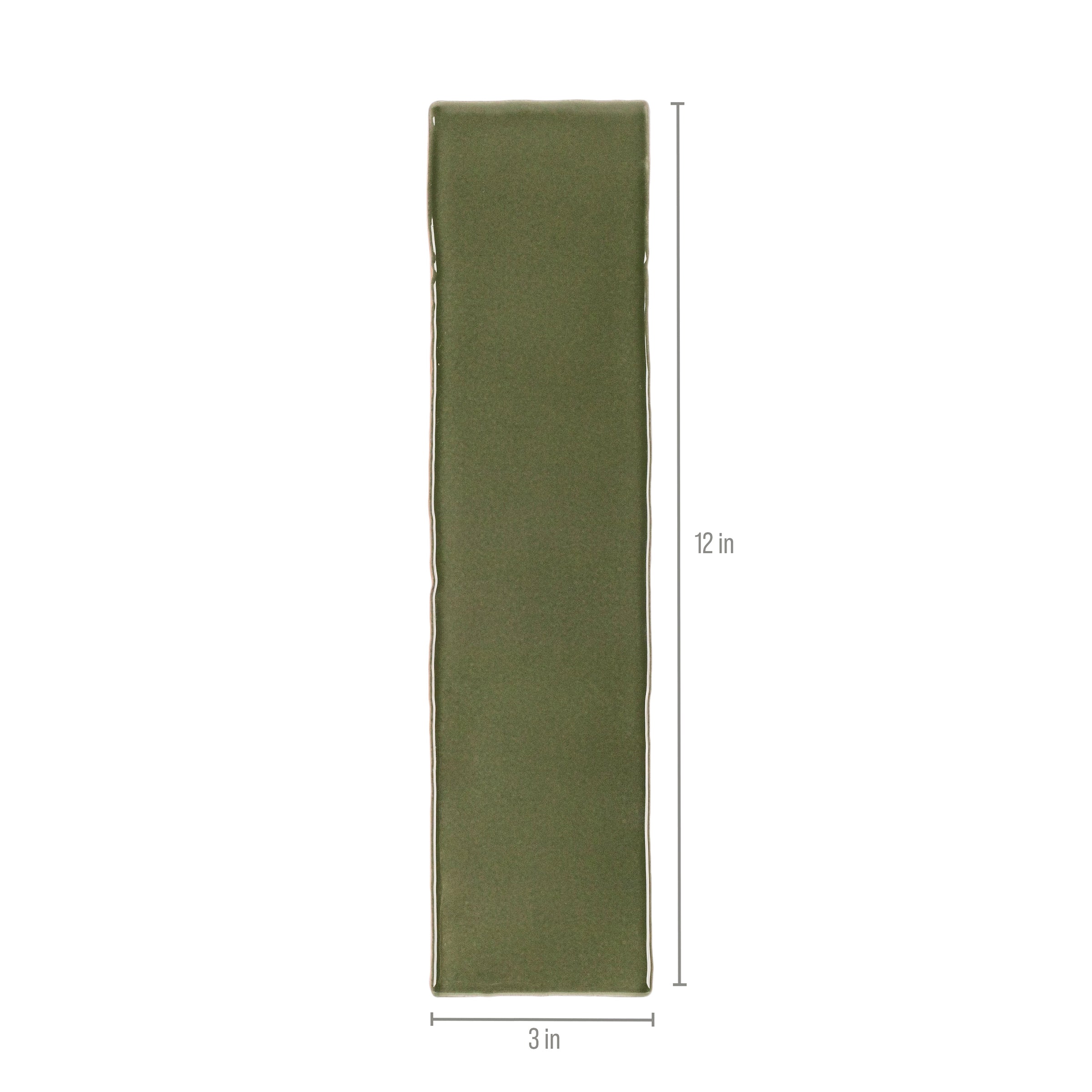 Olive 3x12 Glossy Ceramic Tile in muted green with rich gloss and gently irregular edges from Seville Small Format Tiles collection