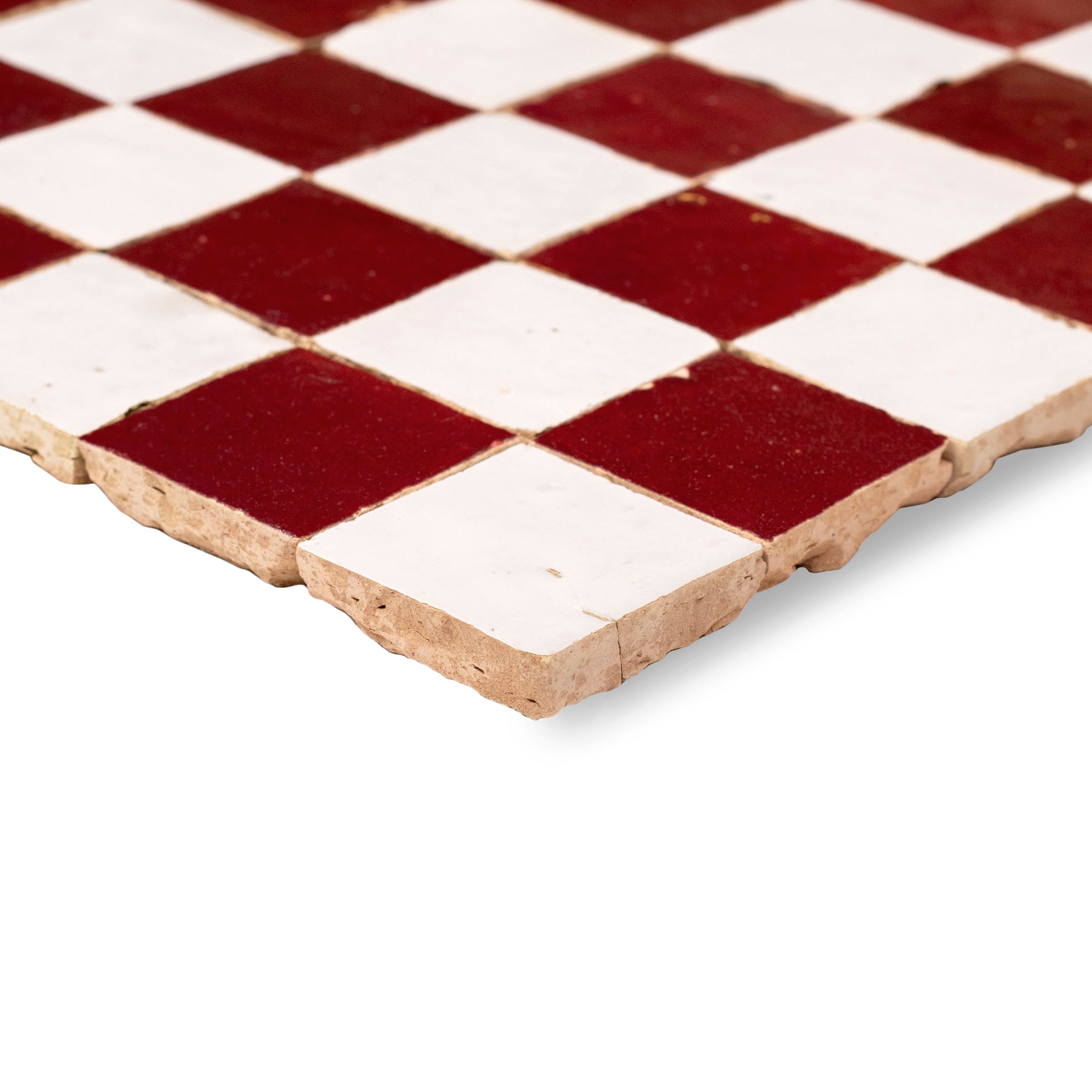 White & Oxblood 2x2 Zellige Checkerboard Mosaic in red and white terracotta from Handmade Moroccan Zellige Tiles and New Arrivals collections