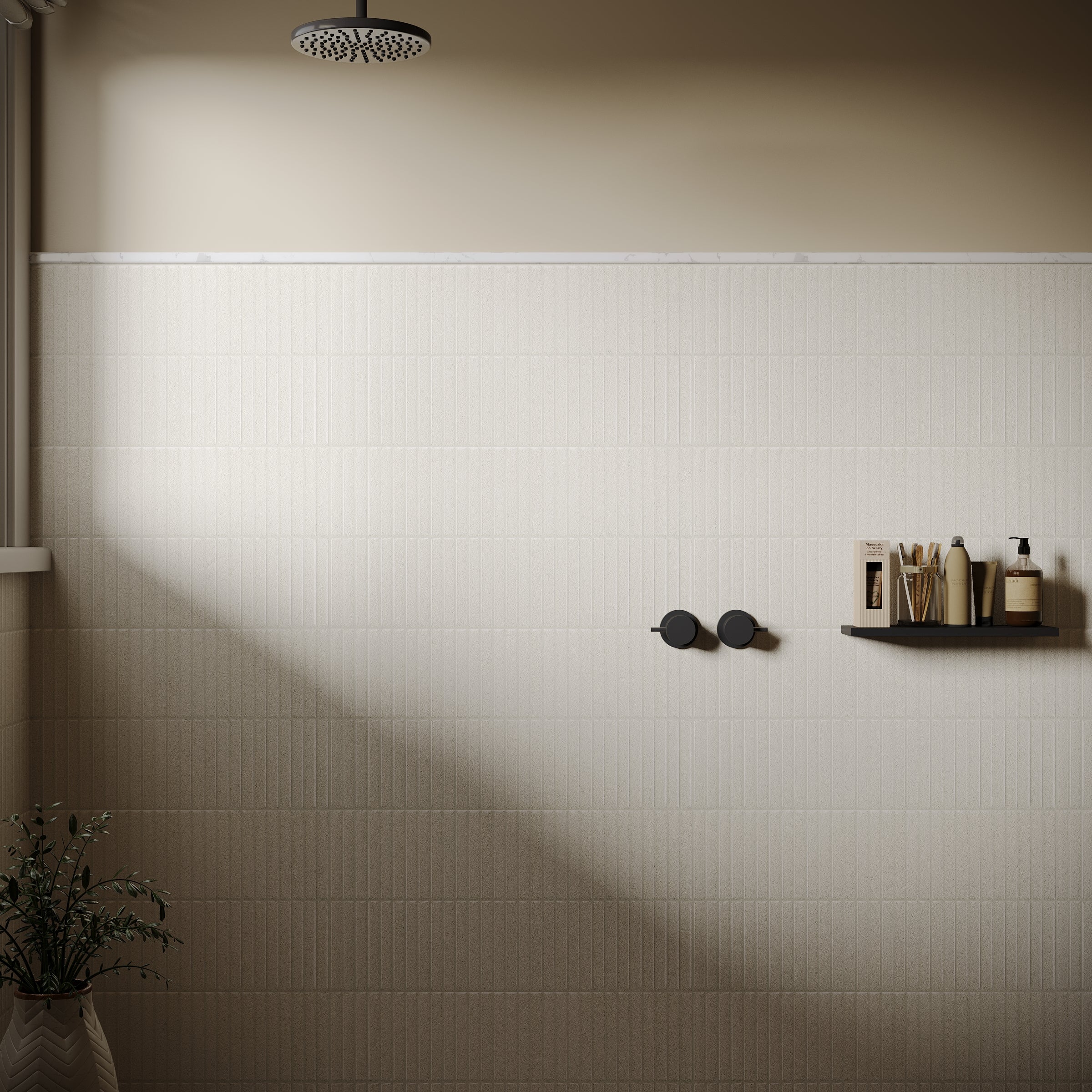 Pearl Deco Hammered Limestone Look Porcelain Tile in gray porcelain in a modern shower with black fixtures at Reno Source
