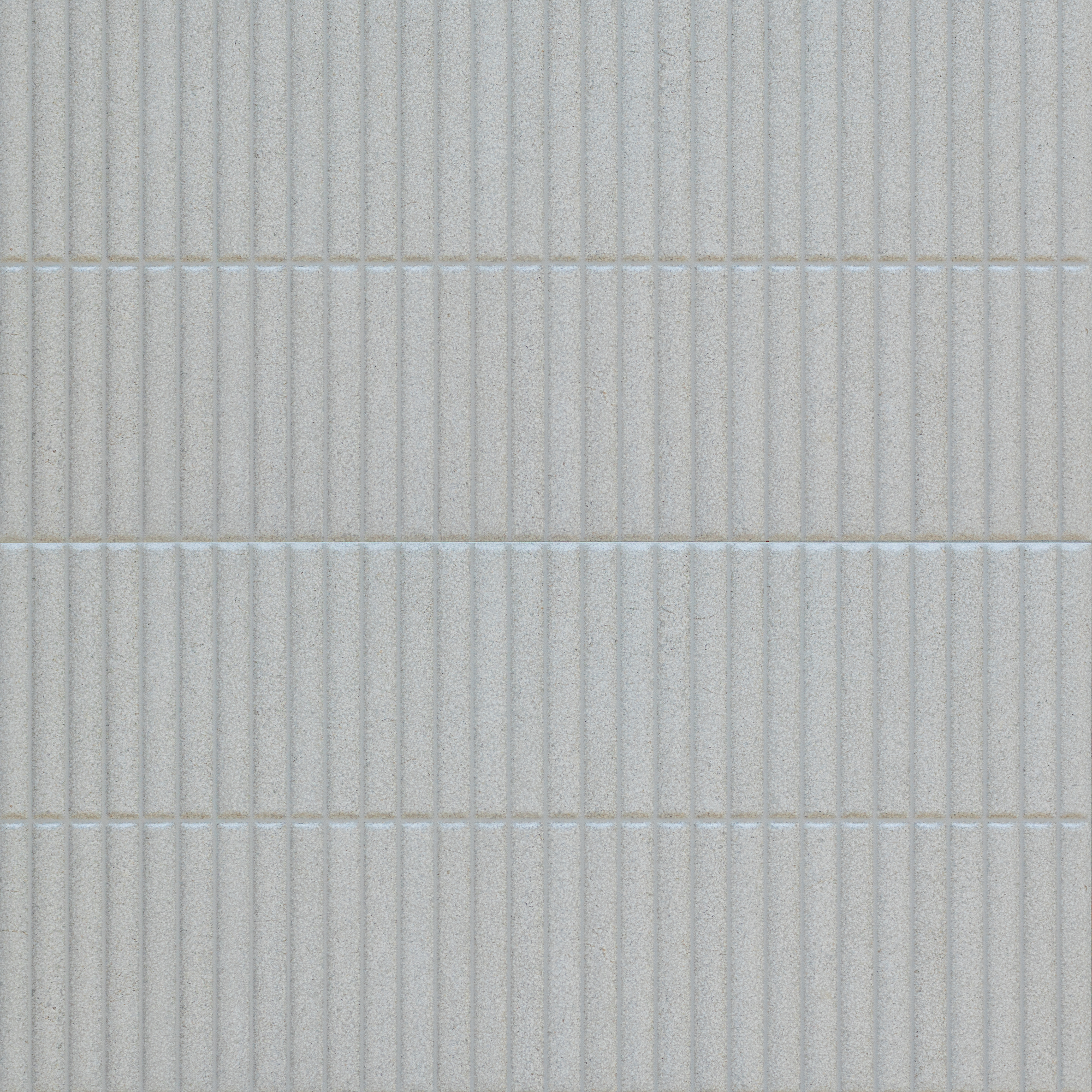 Light gray porcelain tile with a linear ribbed texture arranged in horizontal panels and subtle grout lines