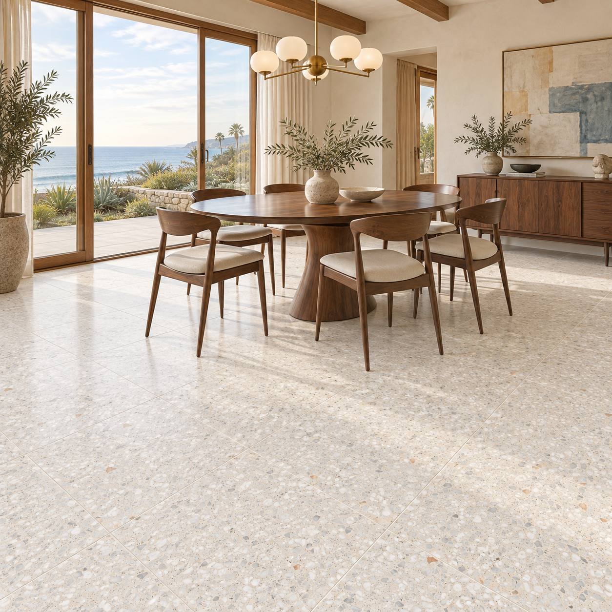 Bright dining room with a wood table and chairs overlooking the ocean and light terrazzo flooring