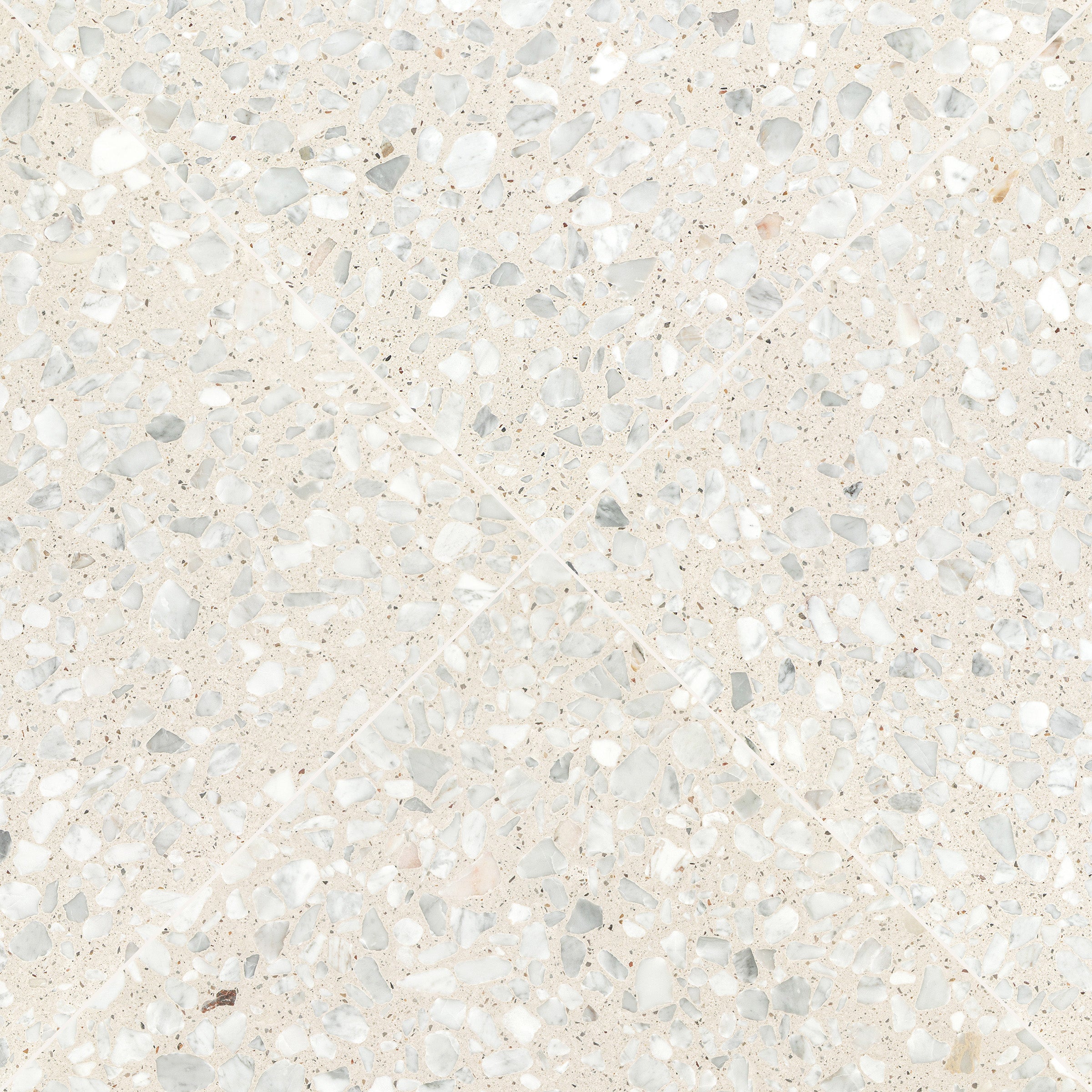 Beige terrazzo tile with mixed small stones embedded in a smooth surface, showing natural texture and color variation.