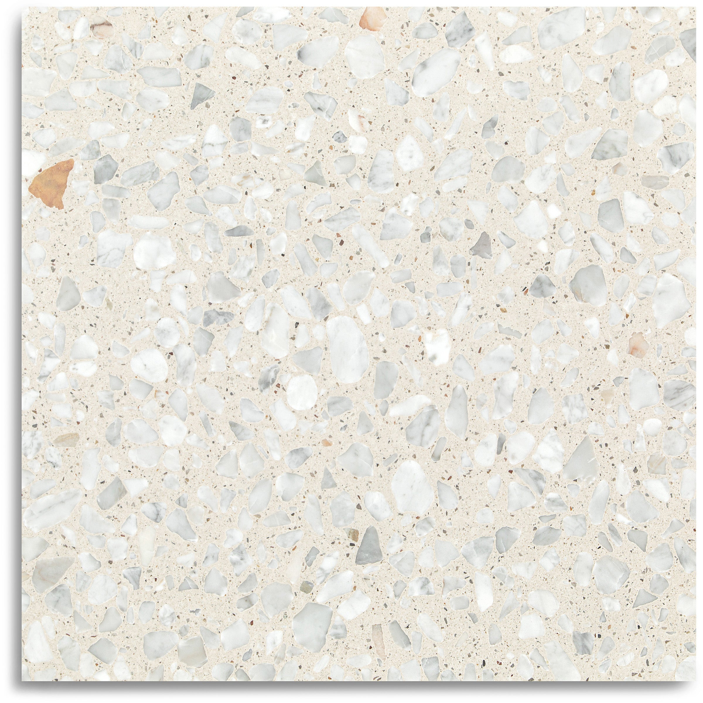 Close-up of beige terrazzo flooring with varied white, gray, and light brown stone chips embedded in the surface.