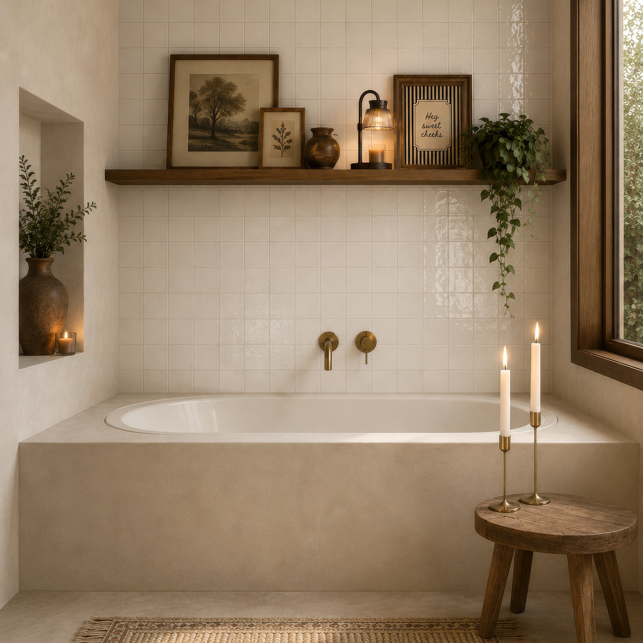 Warm minimalist bathroom with a cream tiled bathtub, wooden shelf, framed art, plants, lantern, and candles