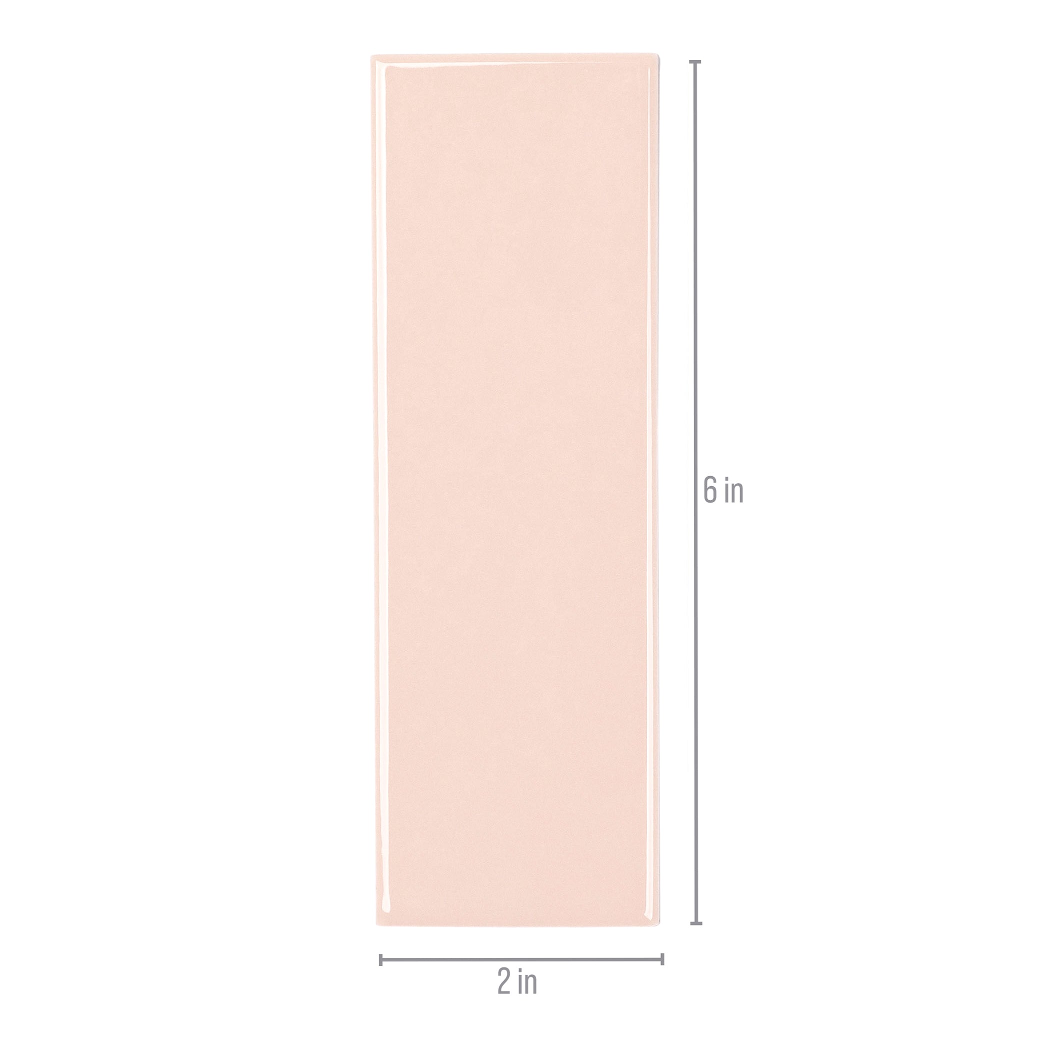 Glossy rectangular porcelain tile in soft powder pink with clean edges and smooth surface shown with size dimensions