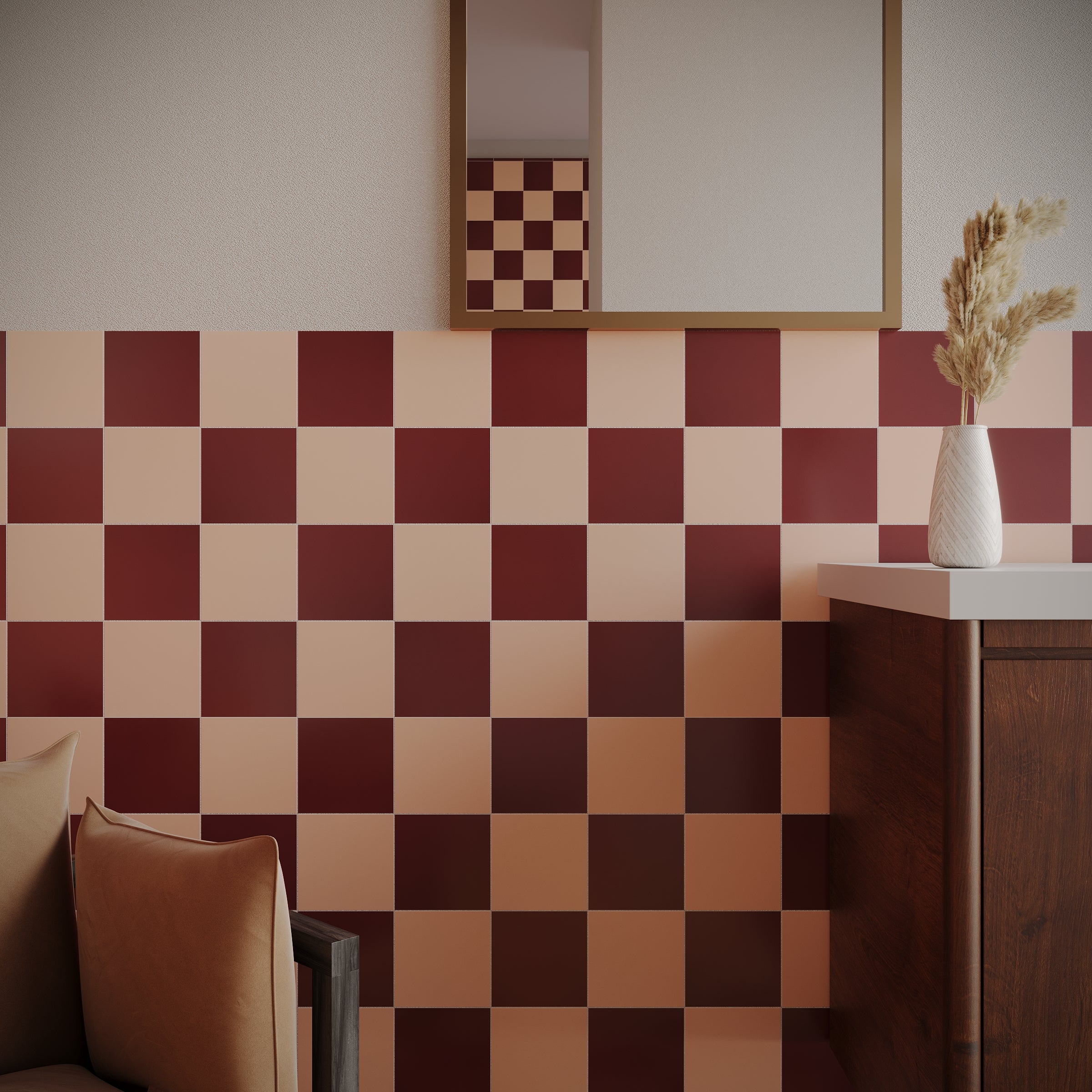 Bathroom corner with matte porcelain tiles alternating burgundy and soft beige in a checkerboard pattern below a mirror and shelf